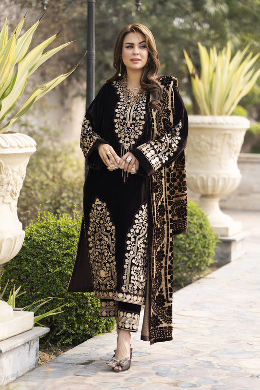 GA12 Gul Warun Velvet Chocolate Borwn 3PC Suit with Palachi Shawl