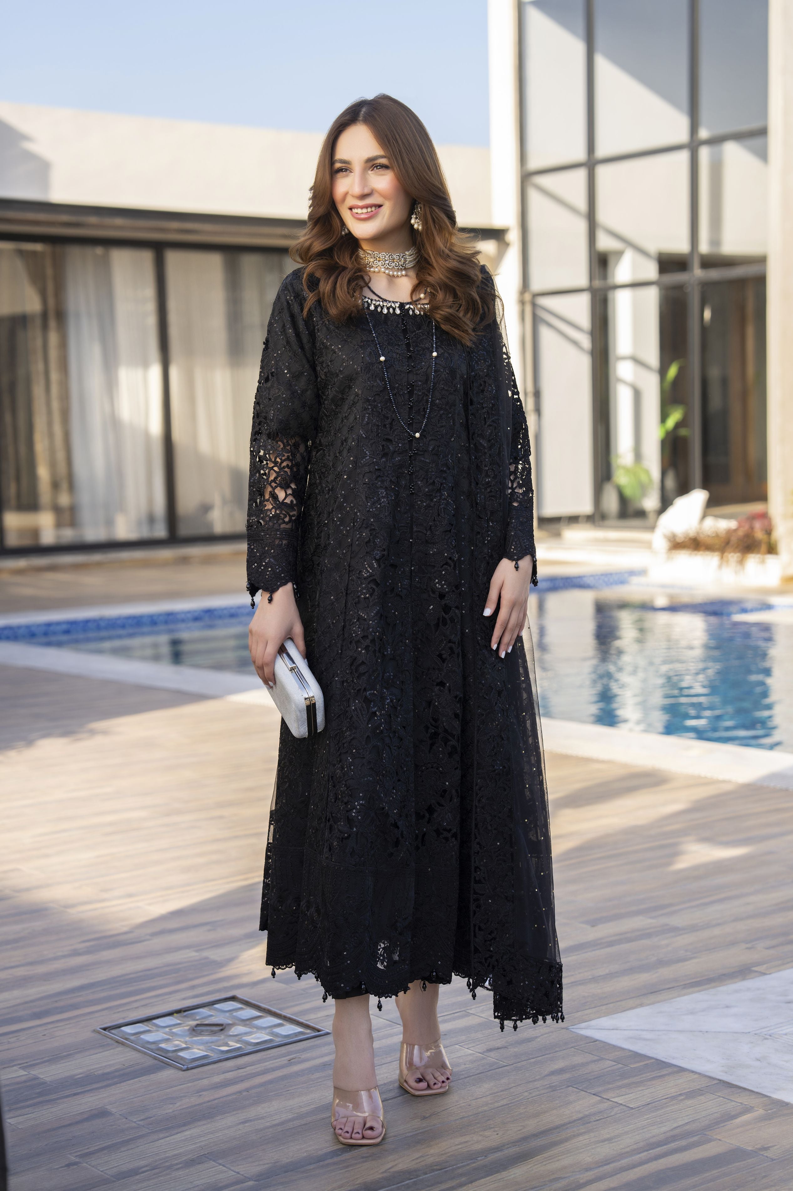 Zaiwaraat by Arwah – Black Embroidered Organza Gown Set with Net Dupatta – ZWR10