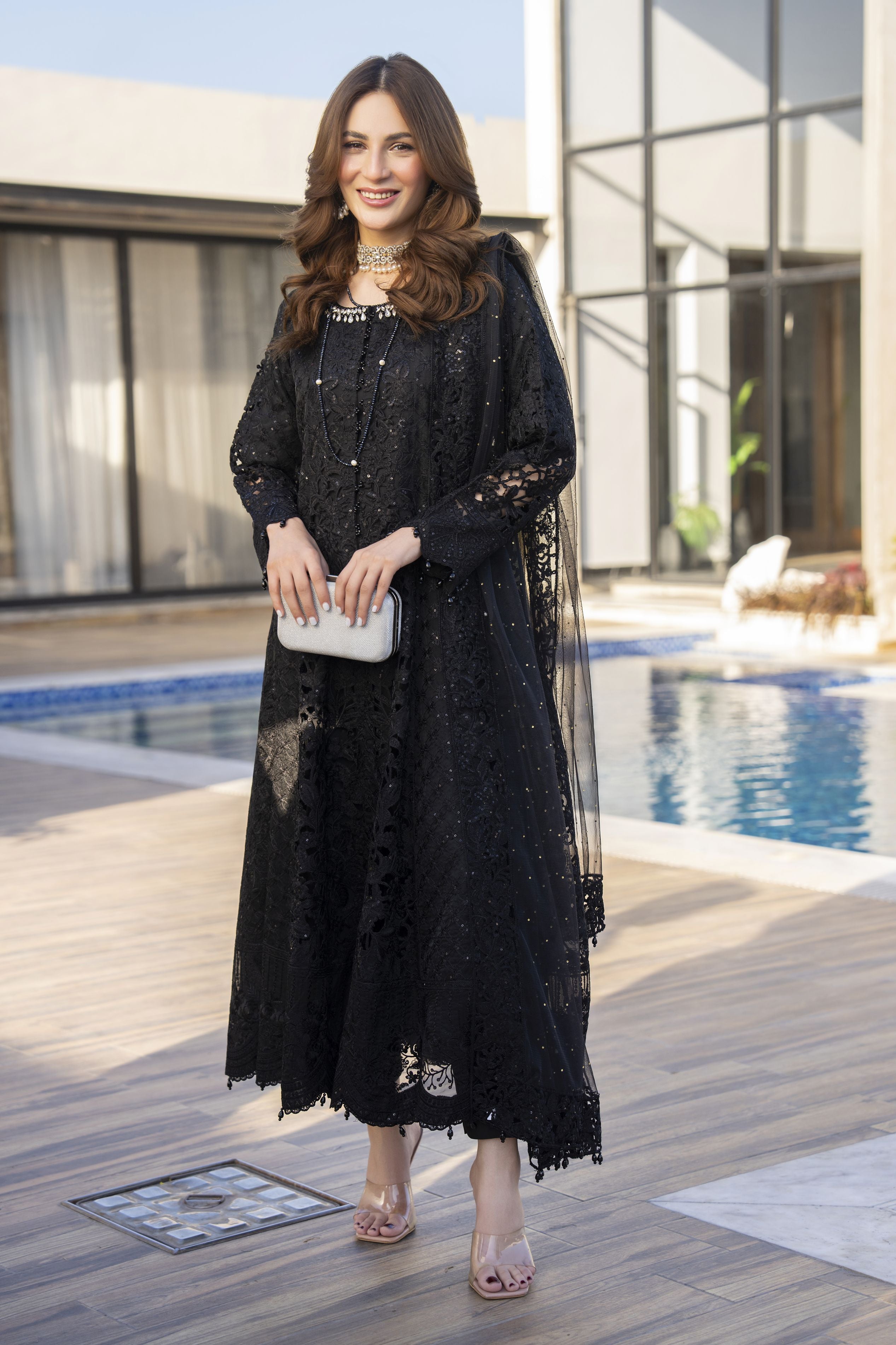 Zaiwaraat by Arwah – Black Embroidered Organza Gown Set with Net Dupatta – ZWR10