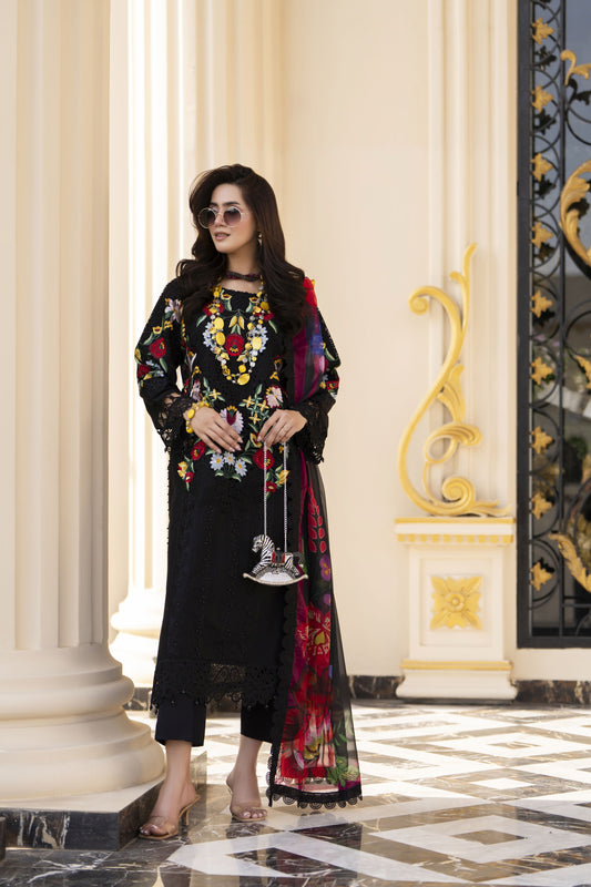 Arwah Aureen AA2 3pc Black Cutwork Embroidered Cotton Suit with Silk Dupatta