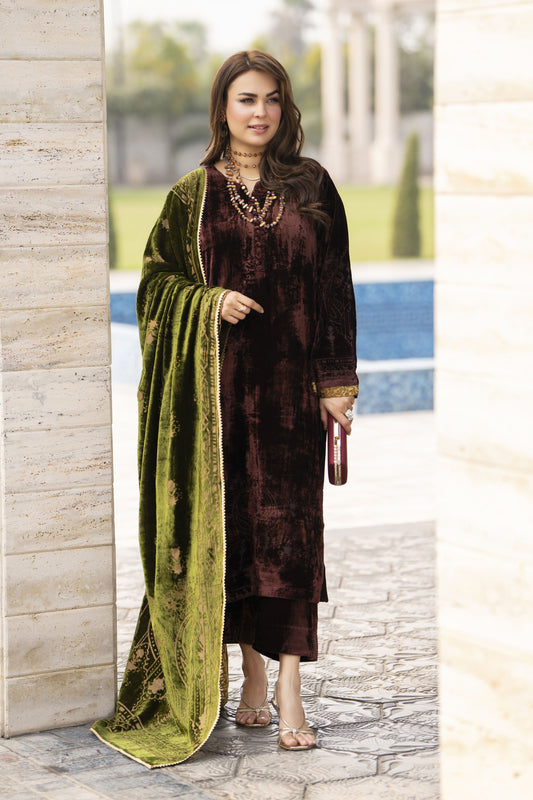 French Velvet Long Shirt 3pc Suit with Palachi Shawl – Gul Warun FNG4