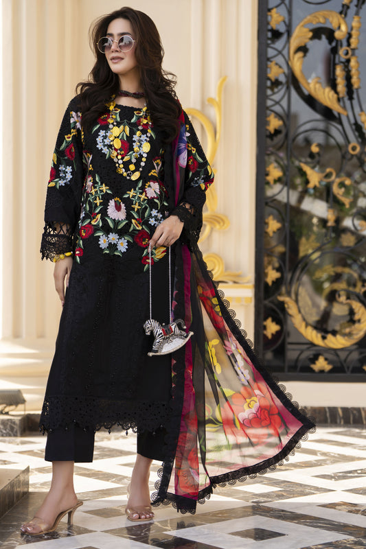 Arwah Aureen AA2 3pc Black Cutwork Embroidered Cotton Suit with Silk Dupatta