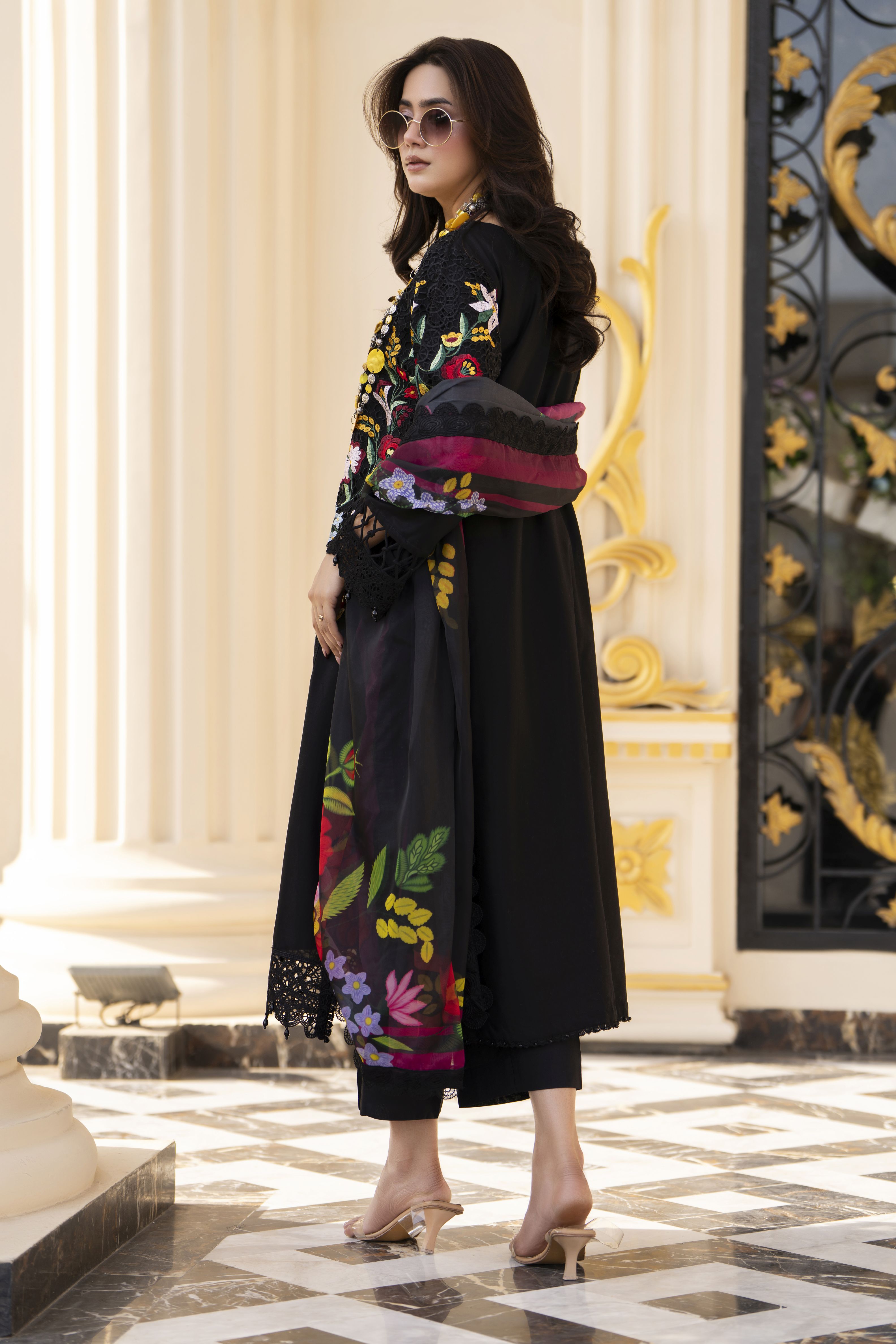 Arwah Aureen AA2 3pc Black Cutwork Embroidered Cotton Suit with Silk Dupatta