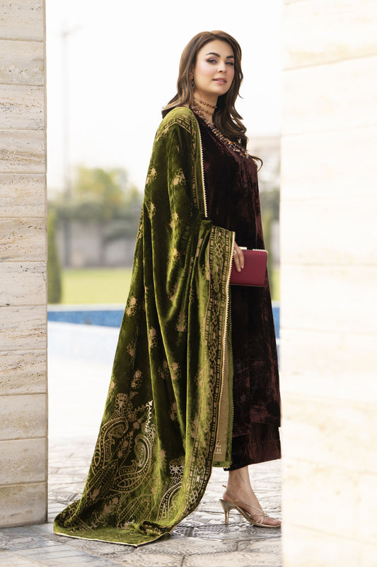 French Velvet Long Shirt 3pc Suit with Palachi Shawl – Gul Warun FNG4
