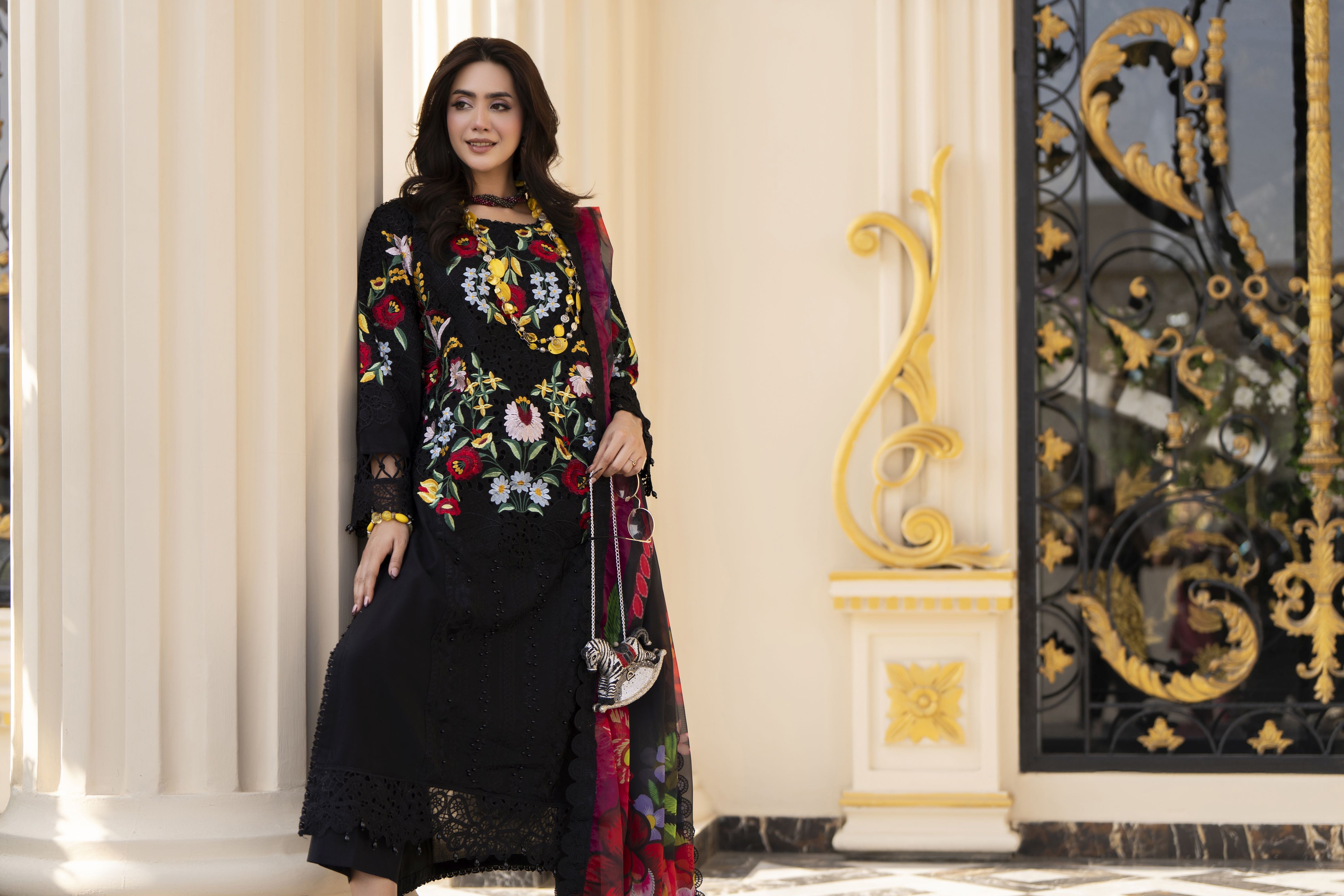 Arwah Aureen AA2 3pc Black Cutwork Embroidered Cotton Suit with Silk Dupatta
