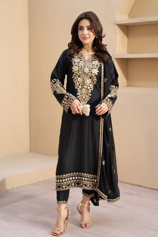 ZZ1 Zimal Zephira Black Embroidered 3pc Viscose Suit