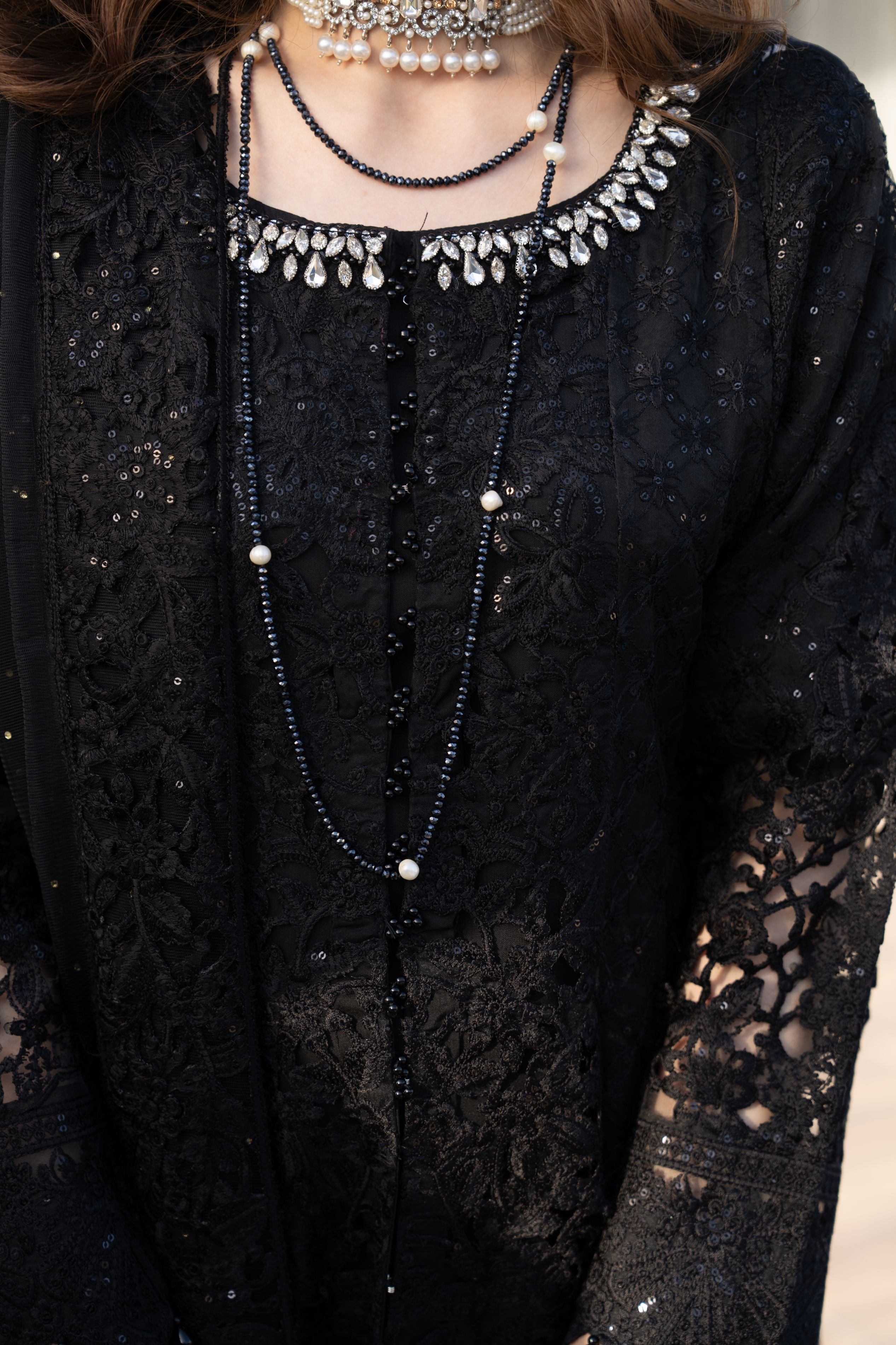 Zaiwaraat by Arwah – Black Embroidered Organza Gown Set with Net Dupatta – ZWR10