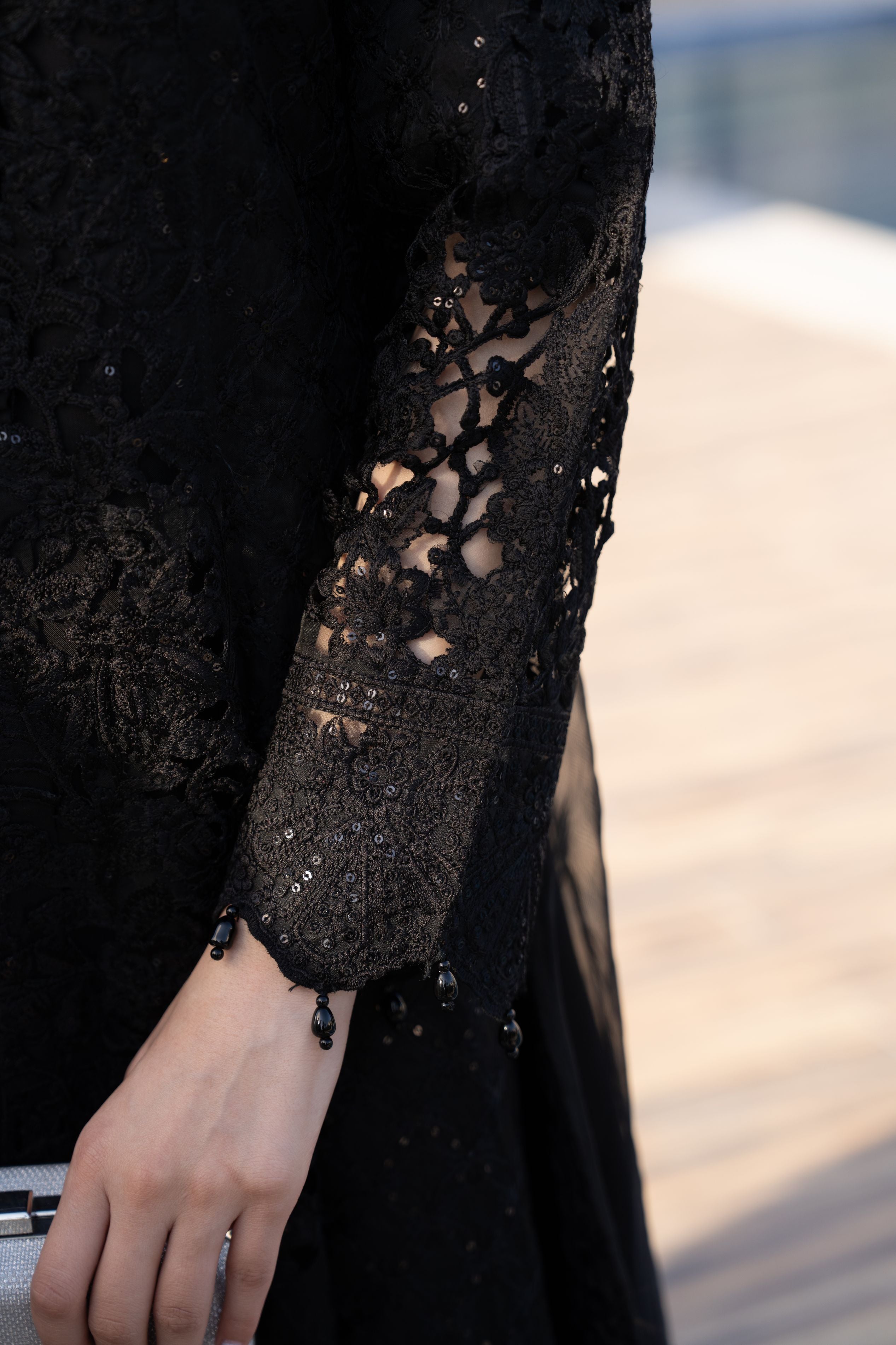 Zaiwaraat by Arwah – Black Embroidered Organza Gown Set with Net Dupatta – ZWR10