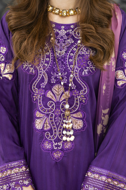 Lush by Aleezay – Purple Raw Silk 3pc Short Shirt with Pink Farshi Shalwar Lush5