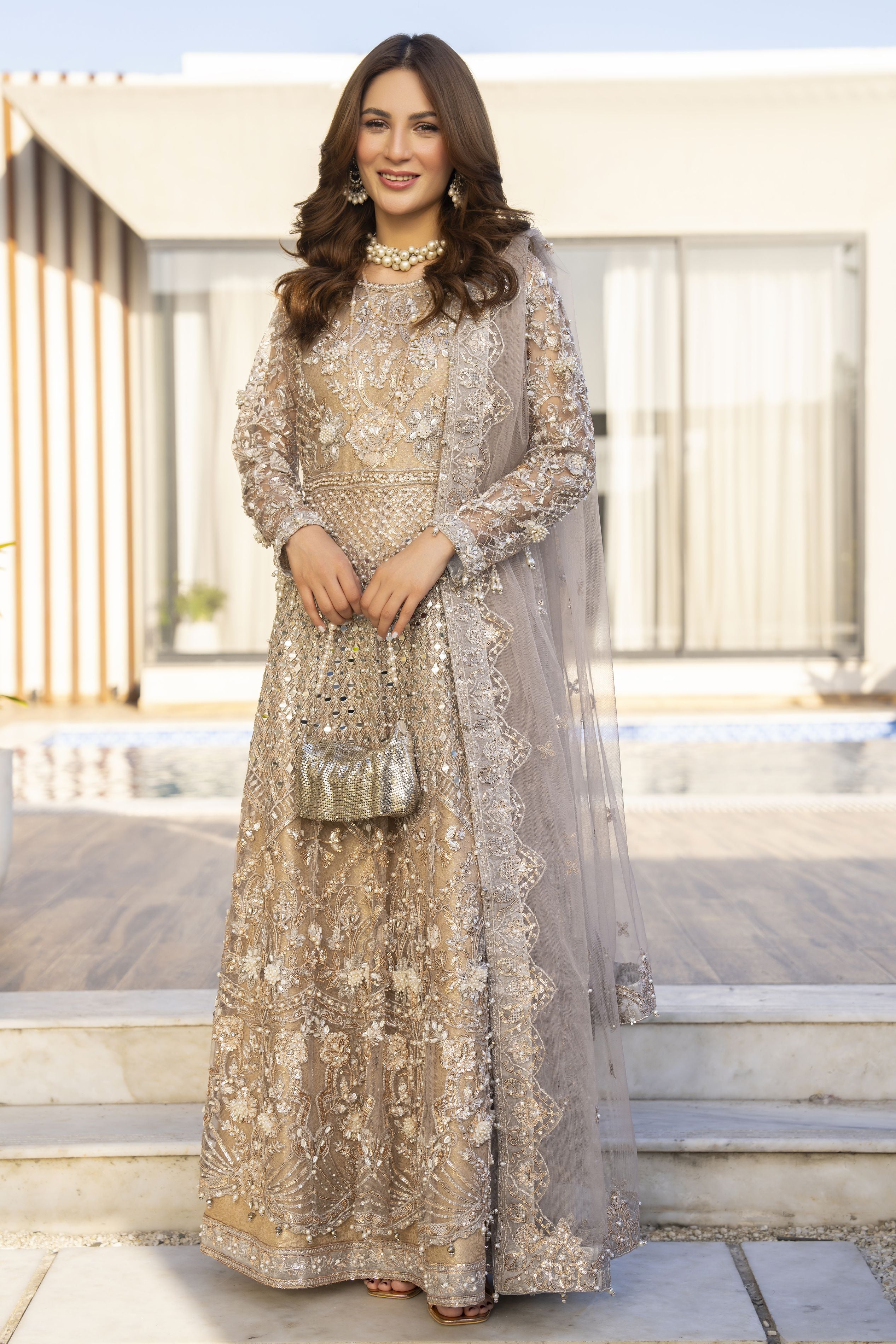 Zaiwaraat by Arwah – Gold Heavily Embellished Net Maxi with Mirror Work – ZWR11