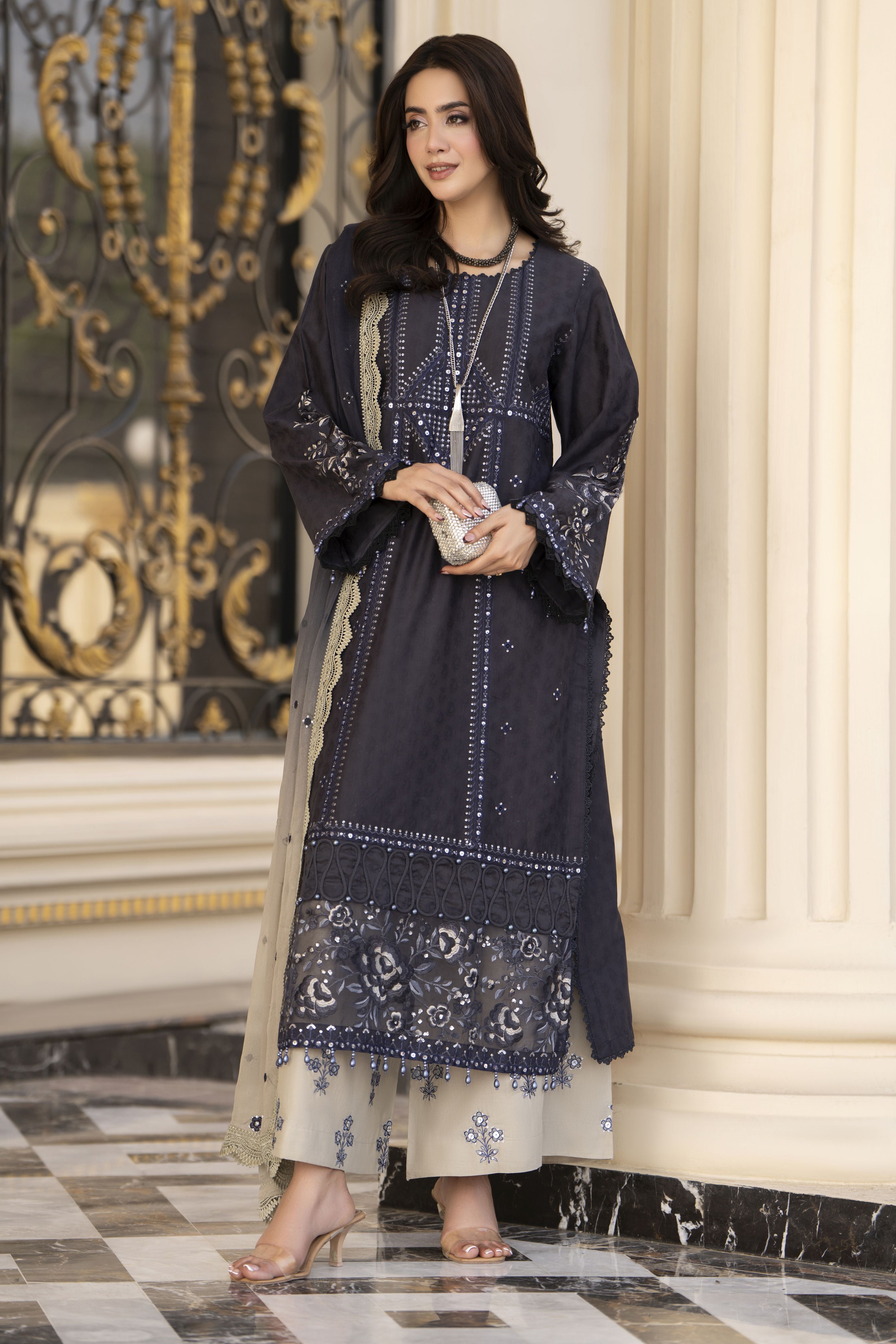 Arwah Aureen AA14 3pc Embroidered Cotton Long Suit with Tie Dye Chiffon Dupatta