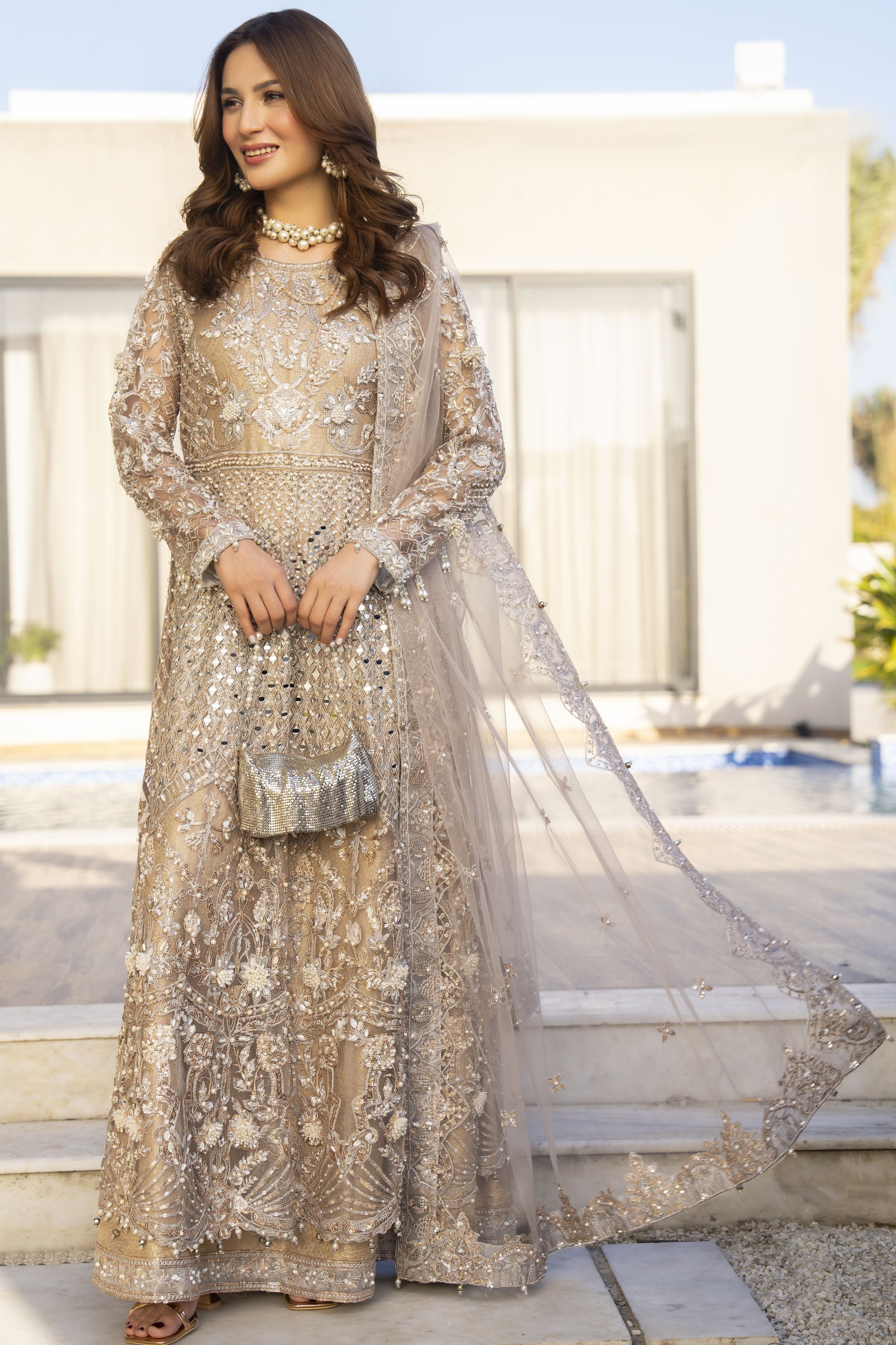 Zaiwaraat by Arwah – Gold Heavily Embellished Net Maxi with Mirror Work – ZWR11