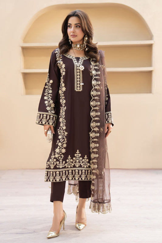 ZZ4 Zimal Zephira Chocolate Embroidered 3pc Viscose Suit