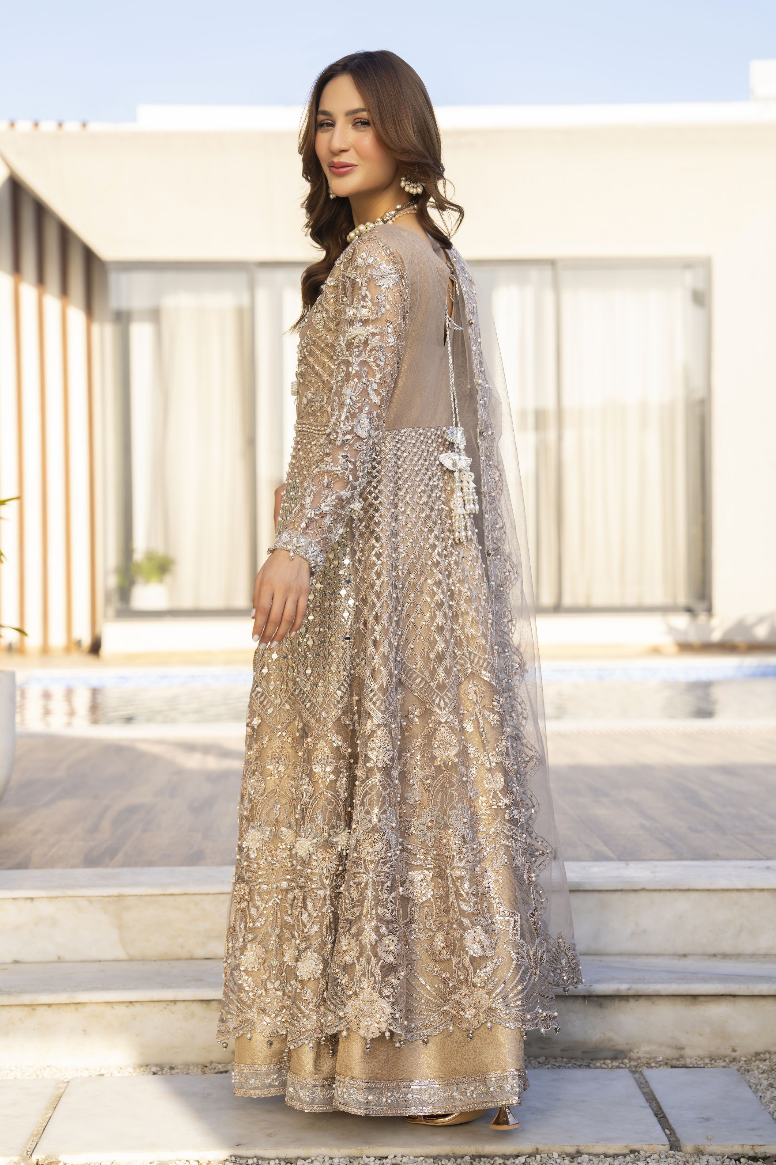 Zaiwaraat by Arwah – Gold Heavily Embellished Net Maxi with Mirror Work – ZWR11