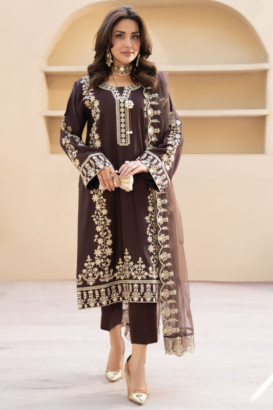 ZZ4 Zimal Zephira Chocolate Embroidered 3pc Viscose Suit