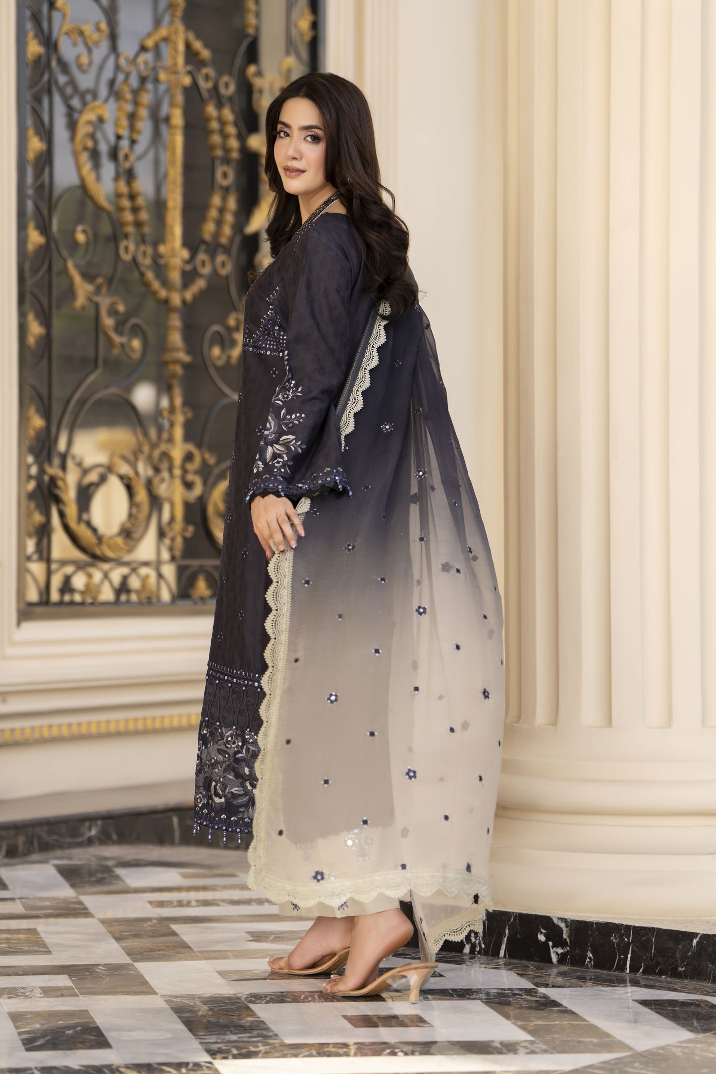 Arwah Aureen AA14 3pc Embroidered Cotton Long Suit with Tie Dye Chiffon Dupatta