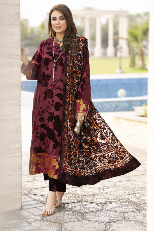 French Velvet Ready to Wear 3pc Suit with Palachi Shawl – Gul Warun FNG1