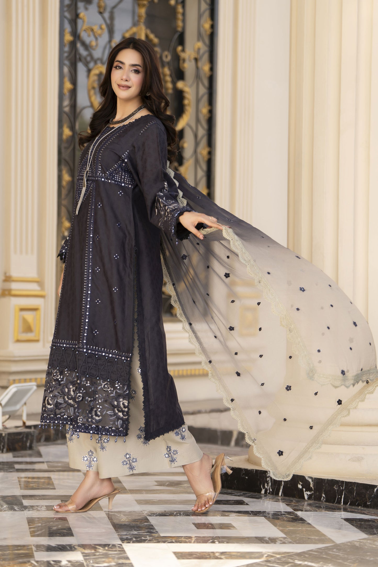 Arwah Aureen AA14 3pc Embroidered Cotton Long Suit with Tie Dye Chiffon Dupatta