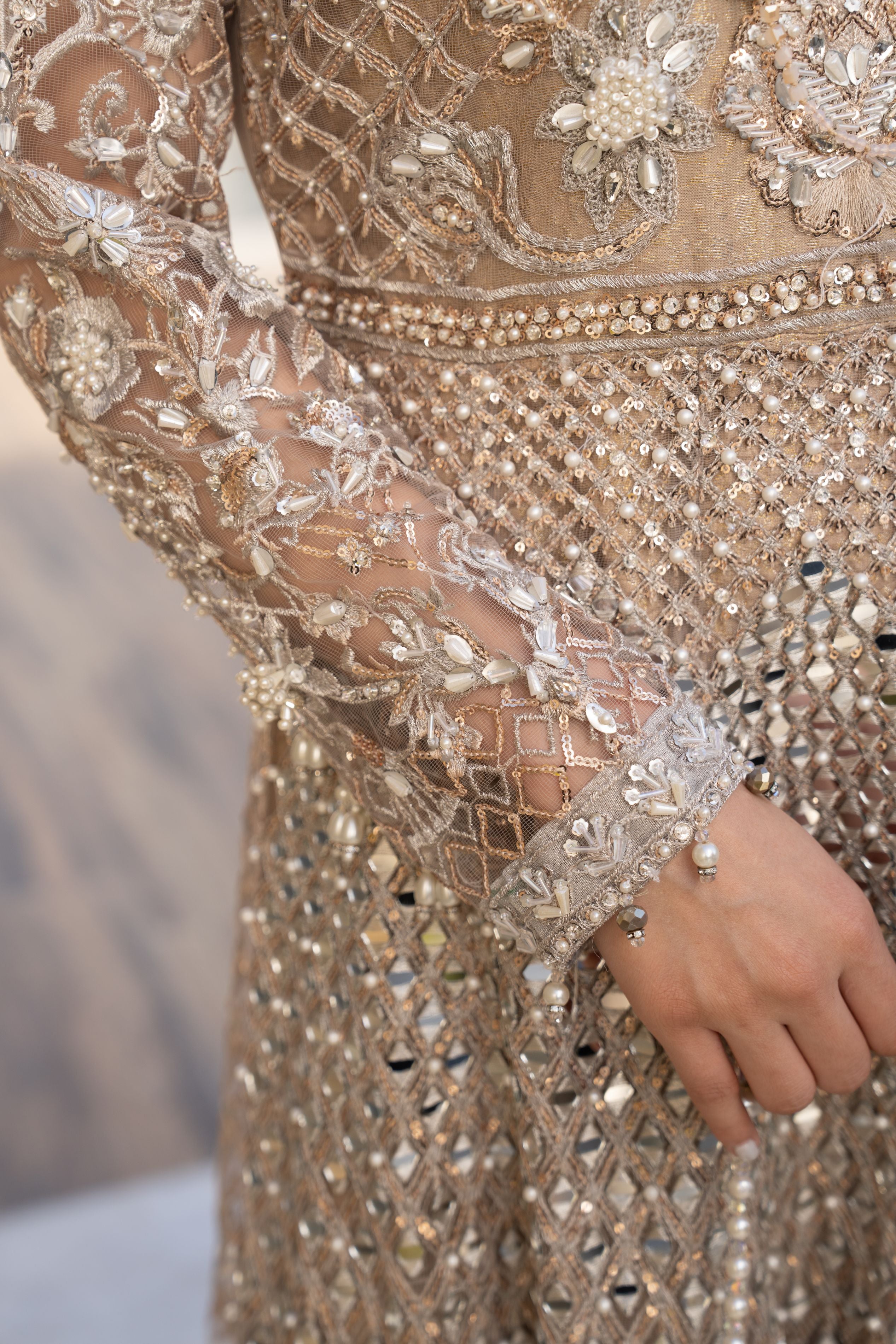 Zaiwaraat by Arwah – Gold Heavily Embellished Net Maxi with Mirror Work – ZWR11