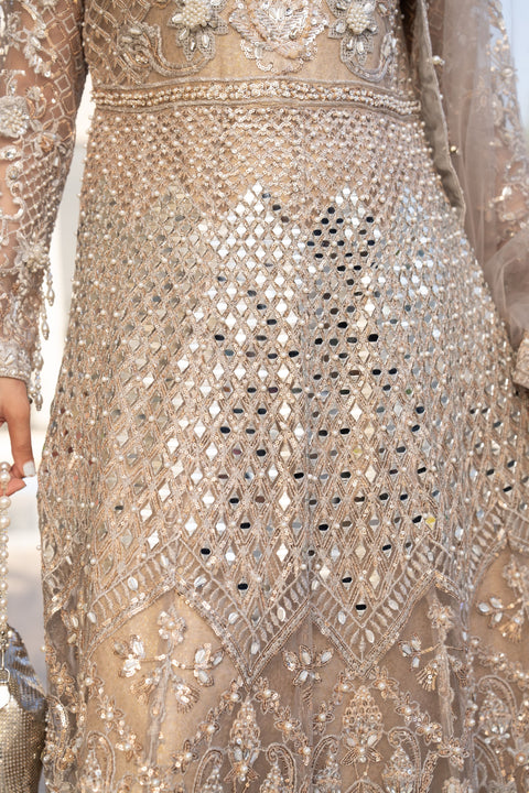 Zaiwaraat by Arwah – Gold Heavily Embellished Net Maxi with Mirror Work – ZWR11