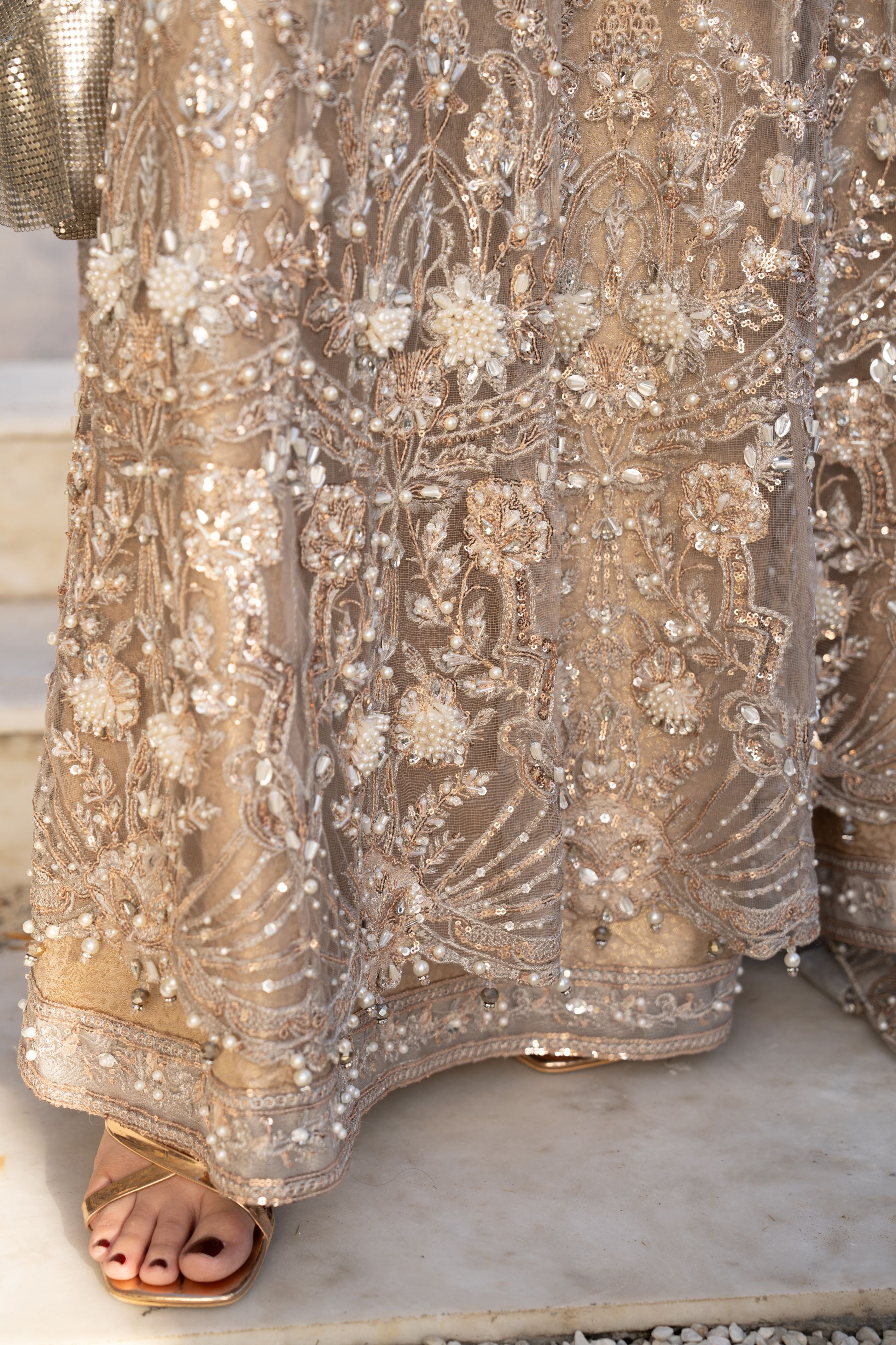 Zaiwaraat by Arwah – Gold Heavily Embellished Net Maxi with Mirror Work – ZWR11