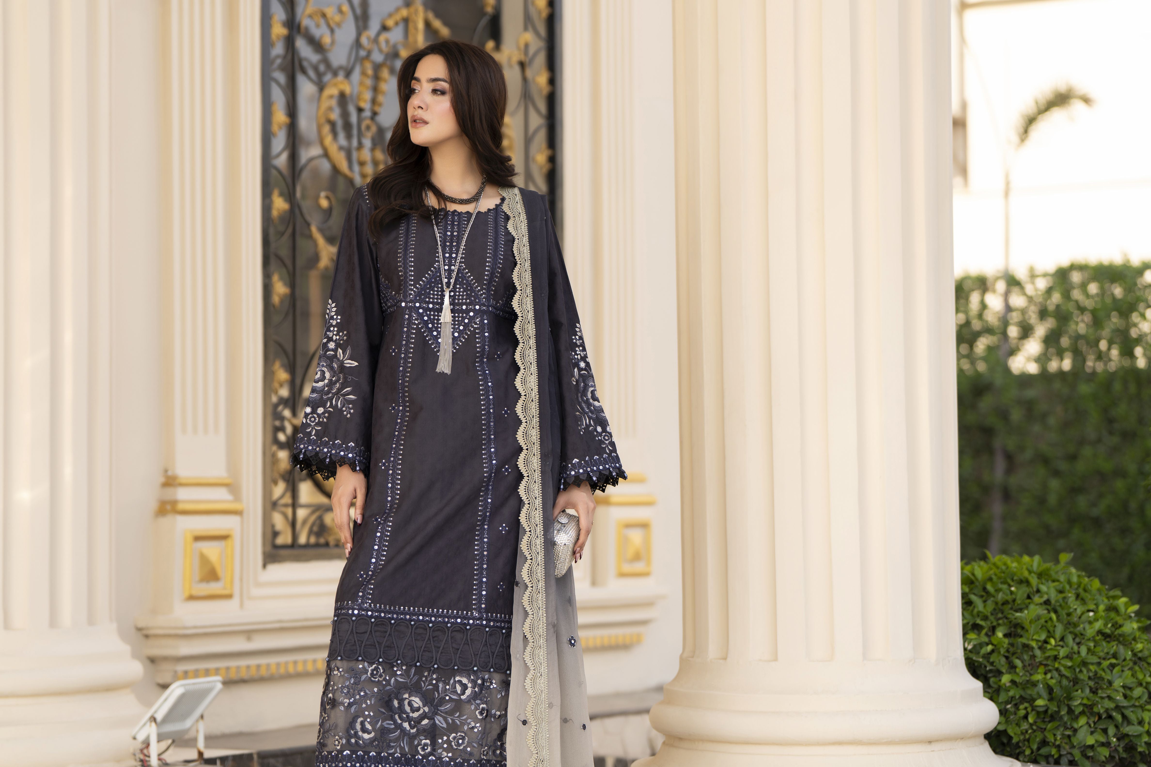 Arwah Aureen AA14 3pc Embroidered Cotton Long Suit with Tie Dye Chiffon Dupatta