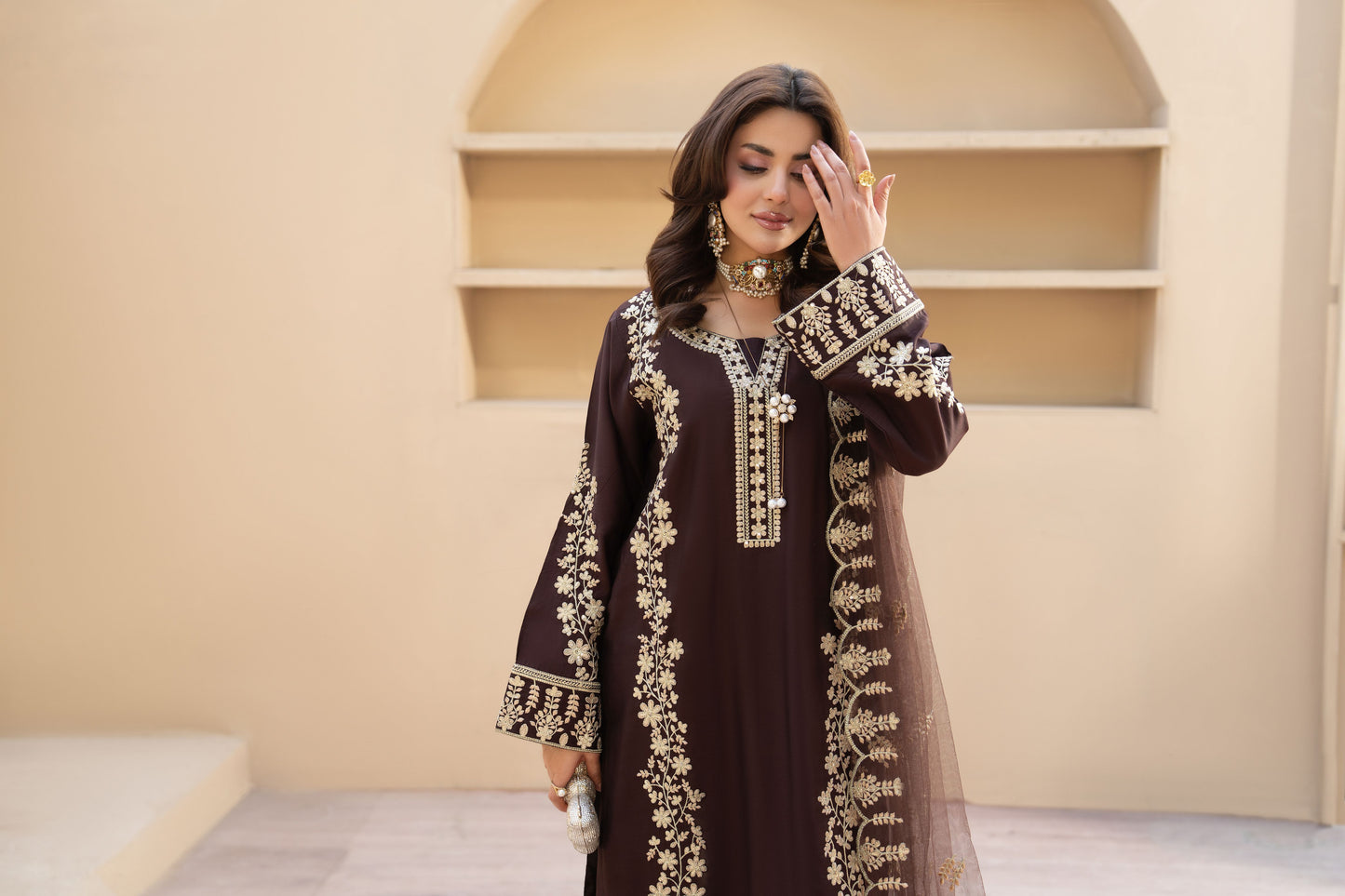 ZZ4 Zimal Zephira Chocolate Embroidered 3pc Viscose Suit