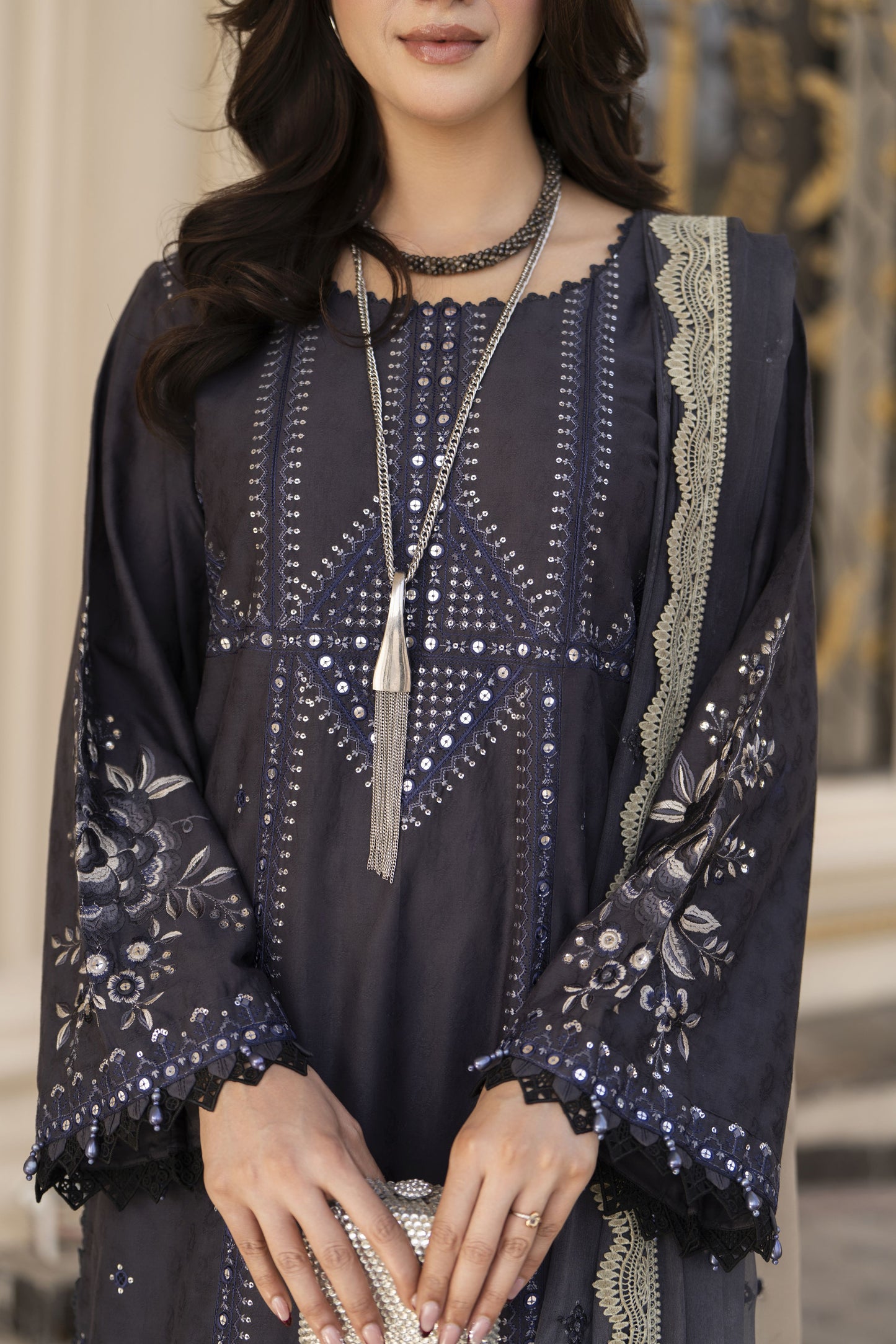 Arwah Aureen AA14 3pc Embroidered Cotton Long Suit with Tie Dye Chiffon Dupatta