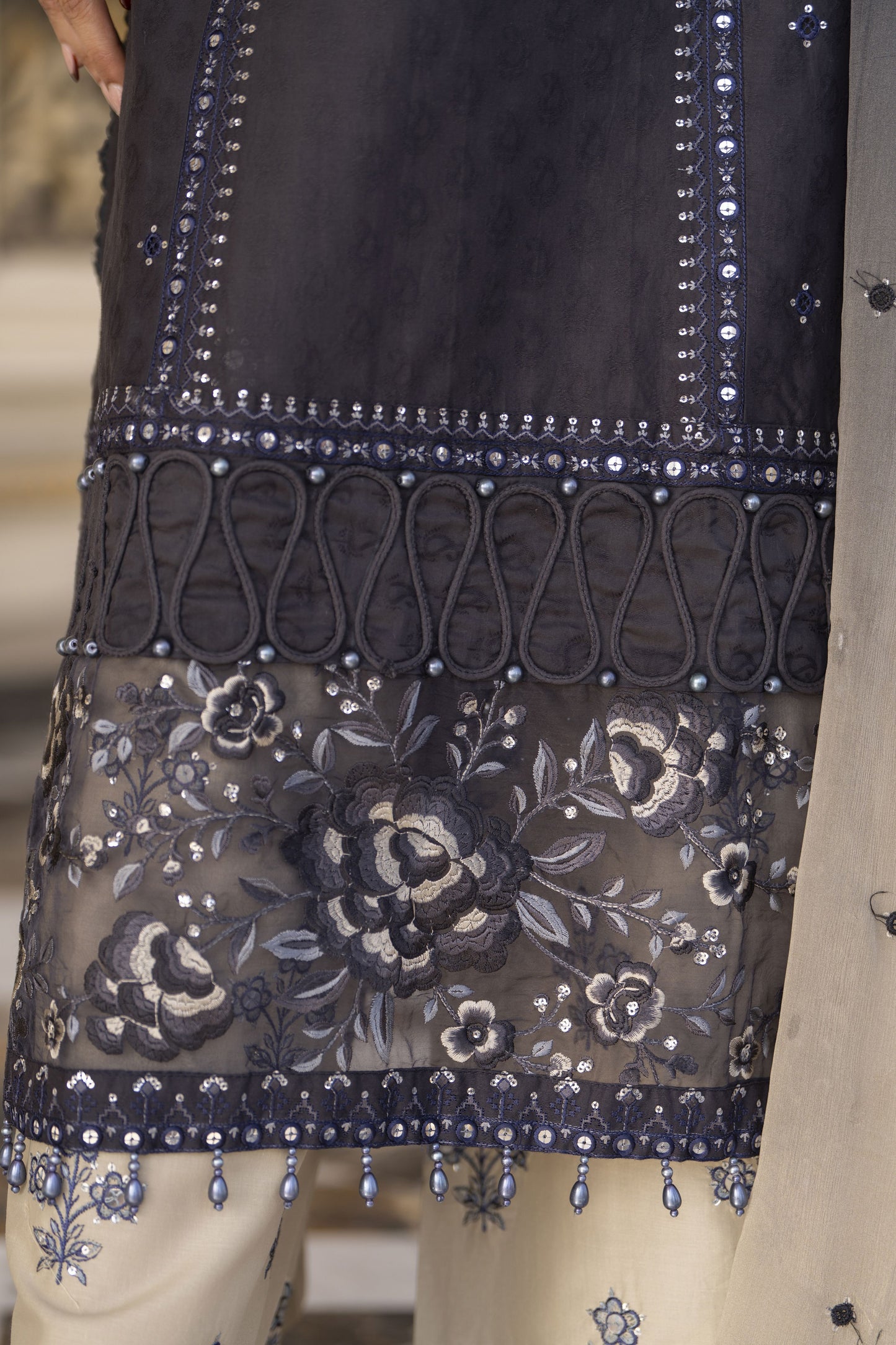Arwah Aureen AA14 3pc Embroidered Cotton Long Suit with Tie Dye Chiffon Dupatta