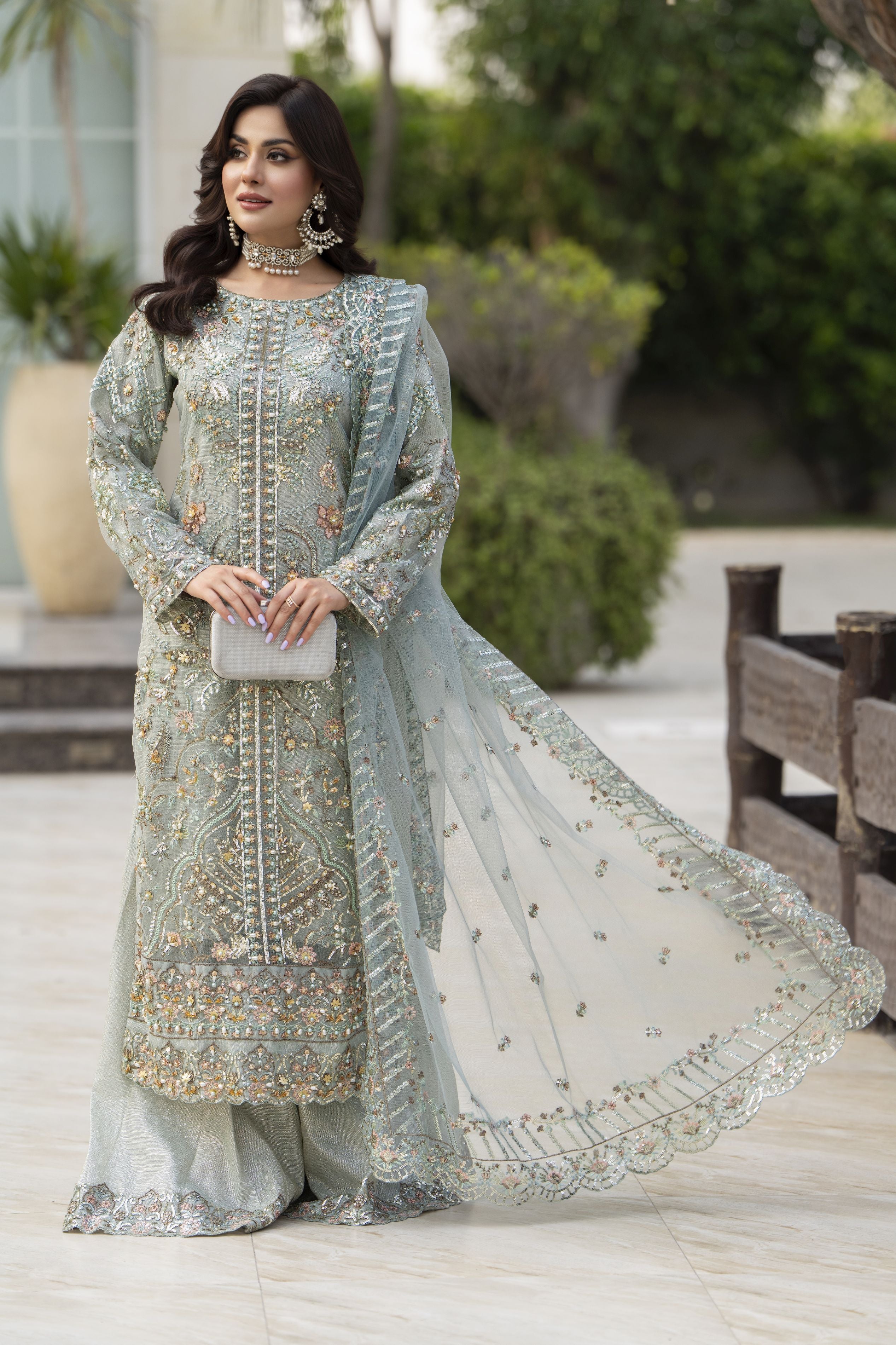 Zaiwaraat by Arwah – Mint Green Handworked Net Shirt with Sequin Sharara – ZWR14