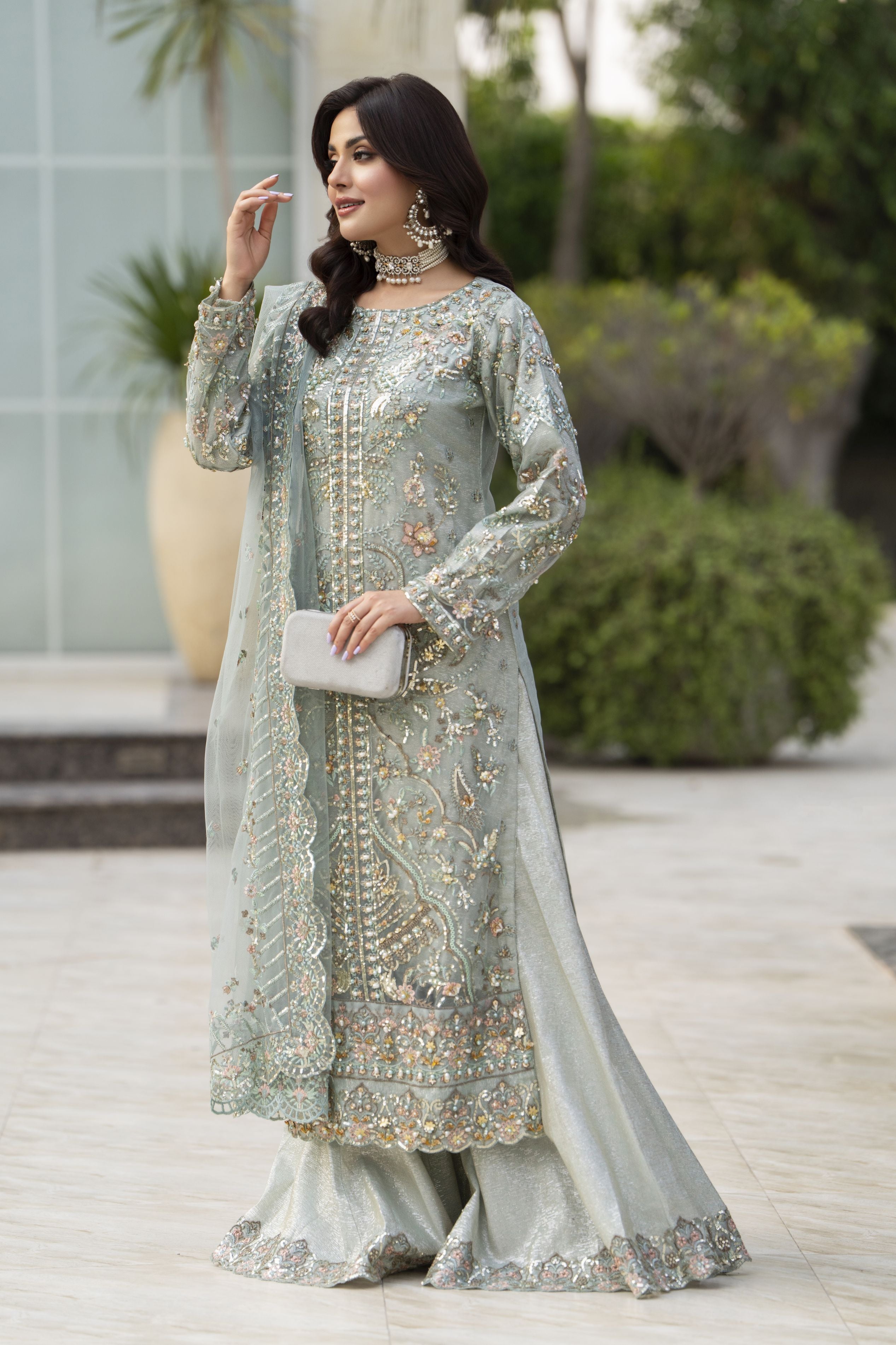 Zaiwaraat by Arwah – Mint Green Handworked Net Shirt with Sequin Sharara – ZWR14