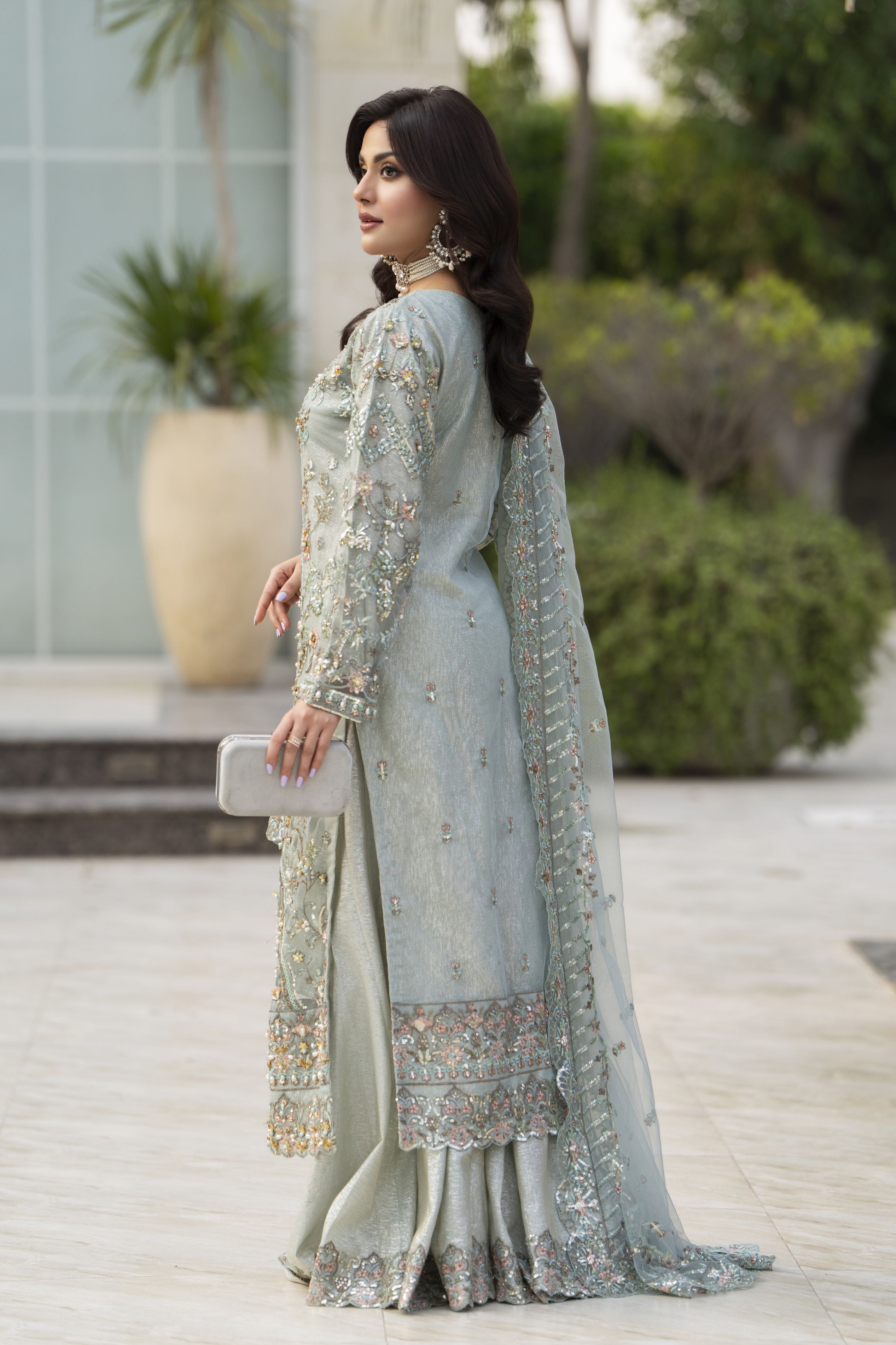 Zaiwaraat by Arwah – Mint Green Handworked Net Shirt with Sequin Sharara – ZWR14