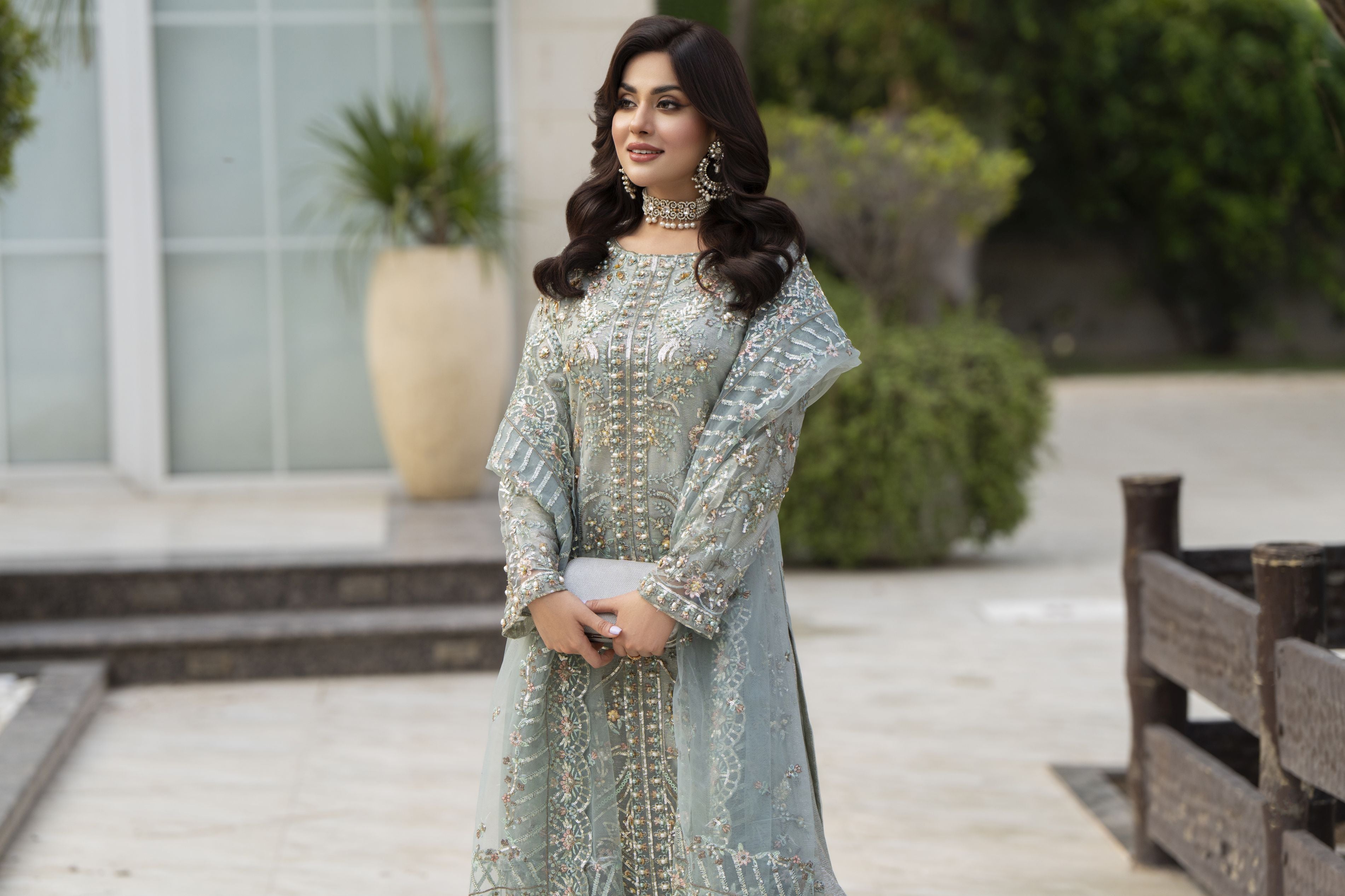 Zaiwaraat by Arwah – Mint Green Handworked Net Shirt with Sequin Sharara – ZWR14