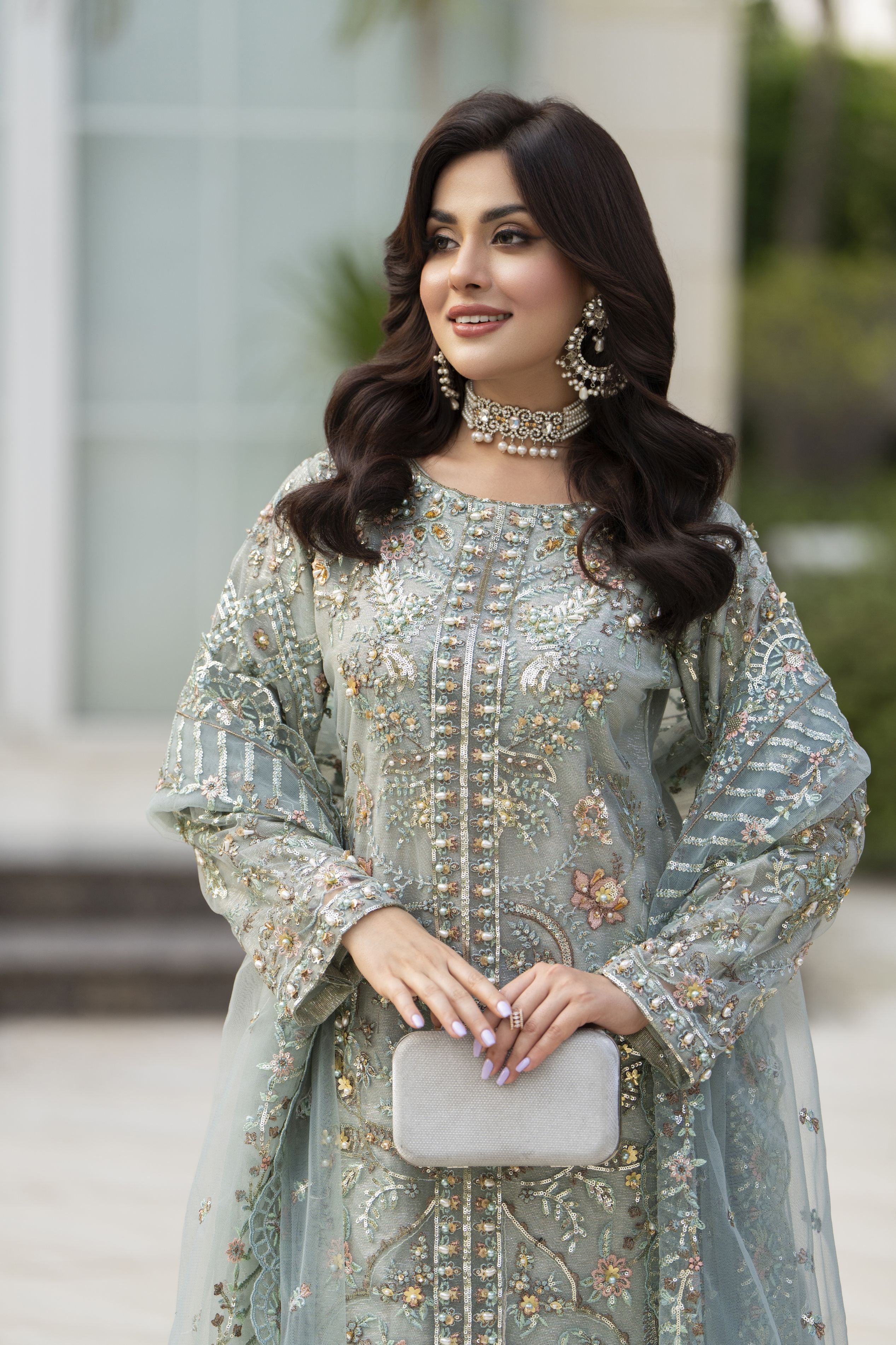 Zaiwaraat by Arwah – Mint Green Handworked Net Shirt with Sequin Sharara – ZWR14