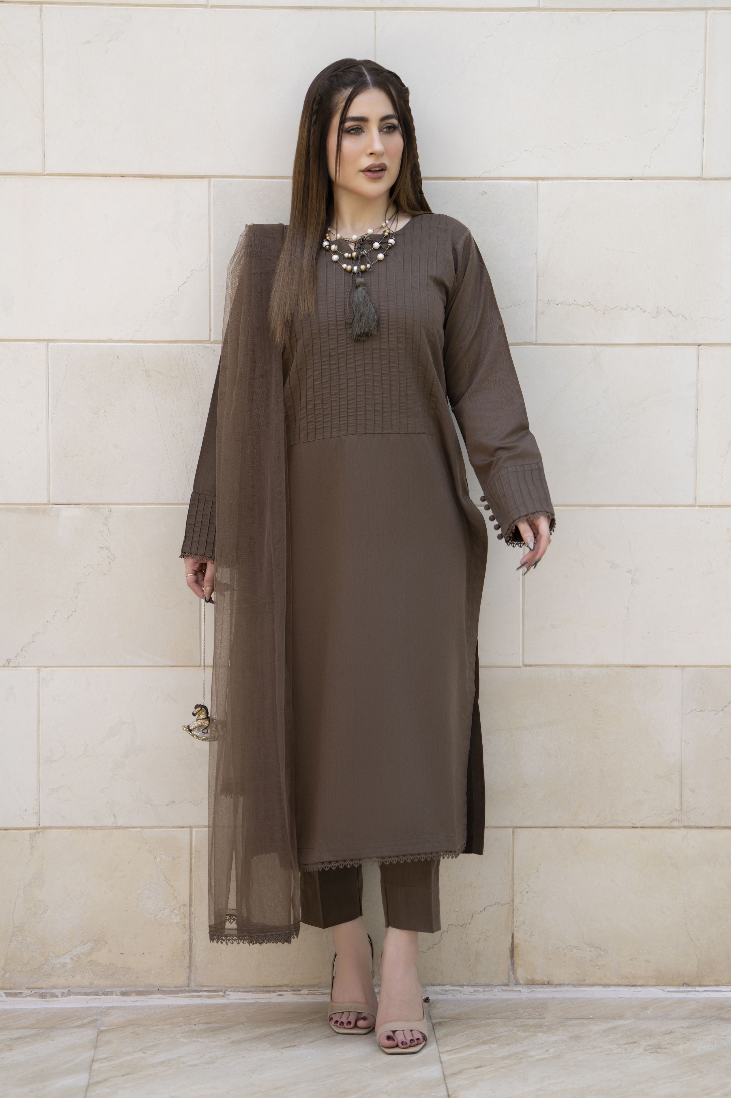 Aabpara Simply Warm Winter Linen 3pc Ready to Wear with Dyed Net Dupatta SWA7