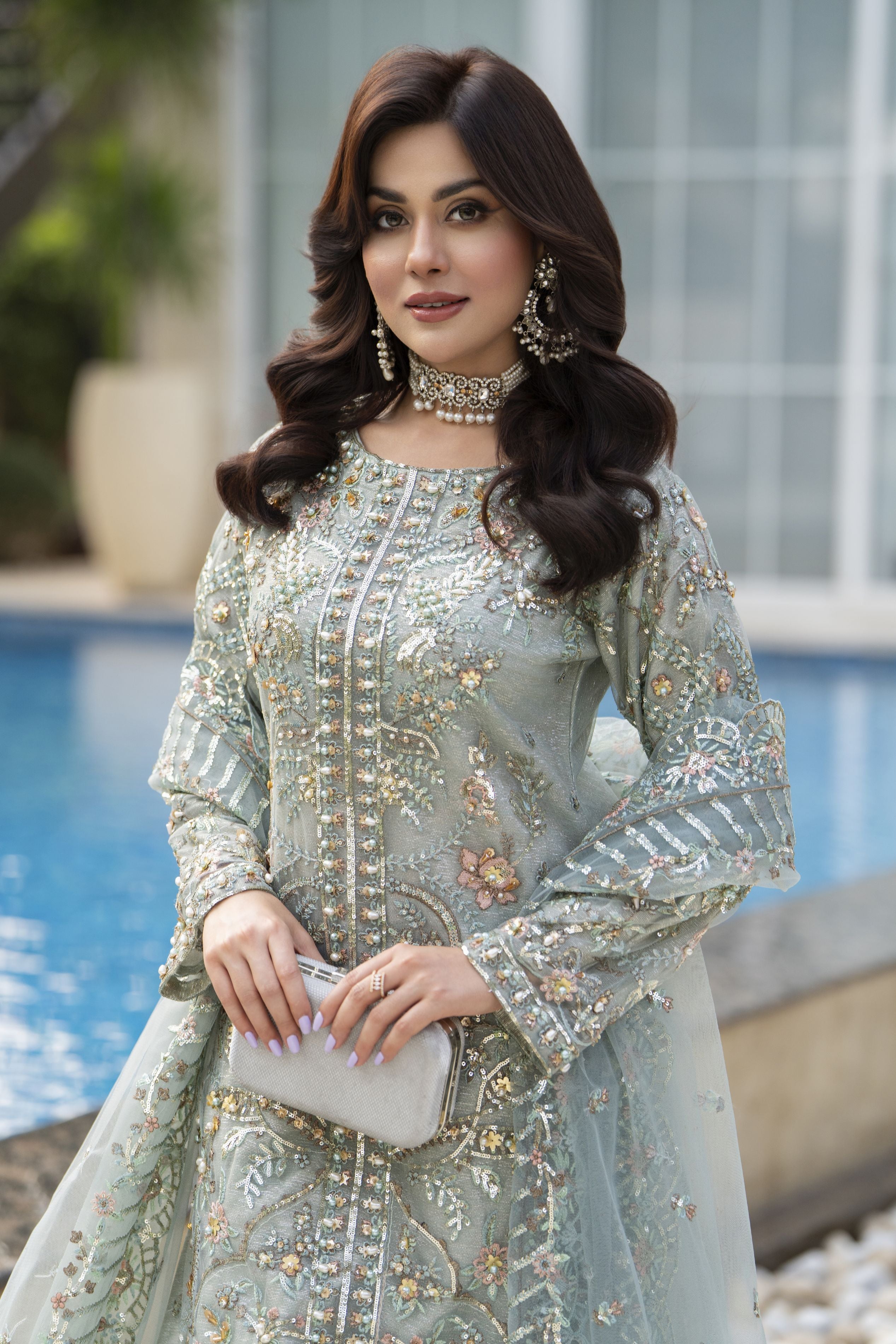 Zaiwaraat by Arwah – Mint Green Handworked Net Shirt with Sequin Sharara – ZWR14