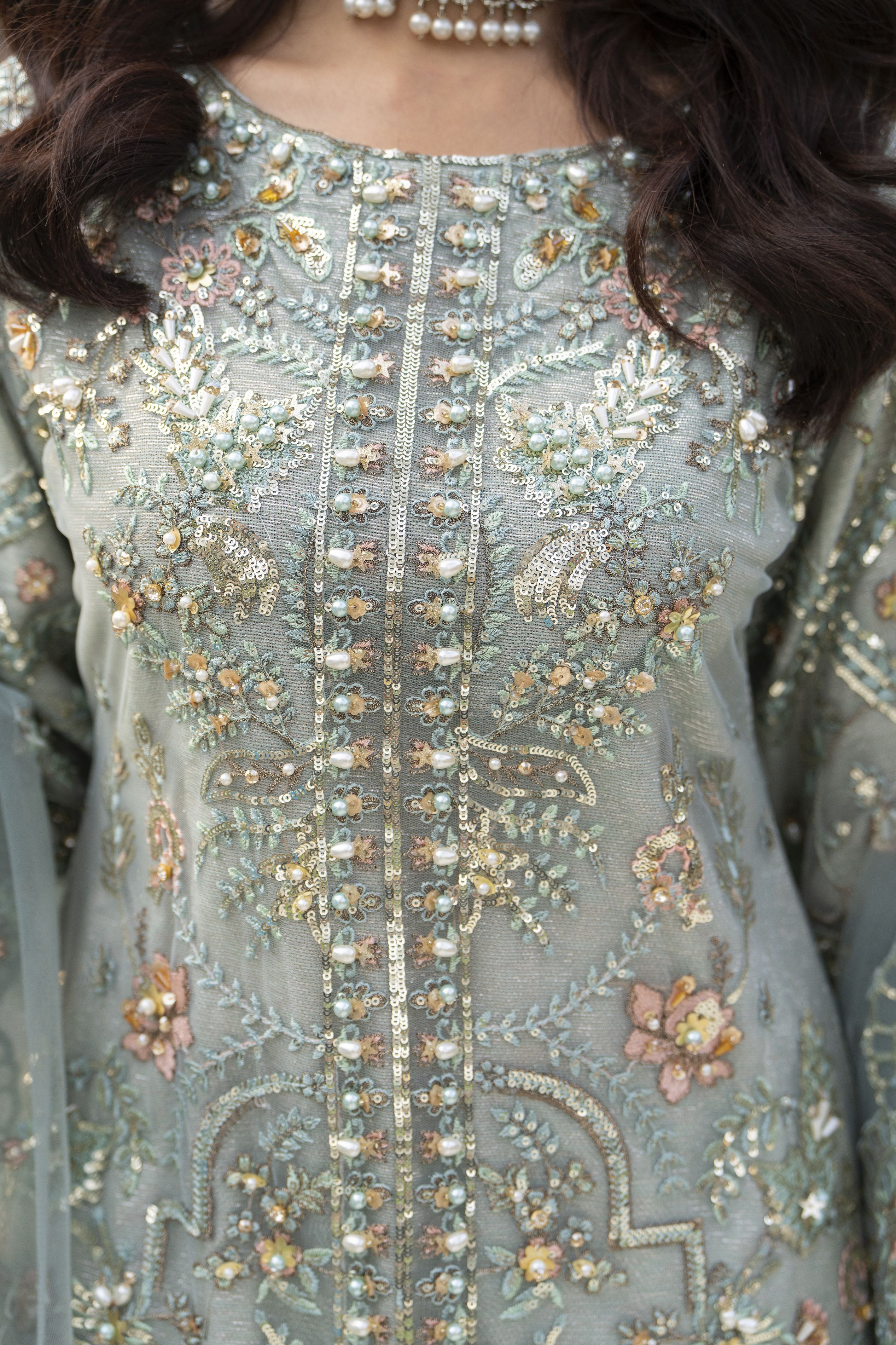 Zaiwaraat by Arwah – Mint Green Handworked Net Shirt with Sequin Sharara – ZWR14