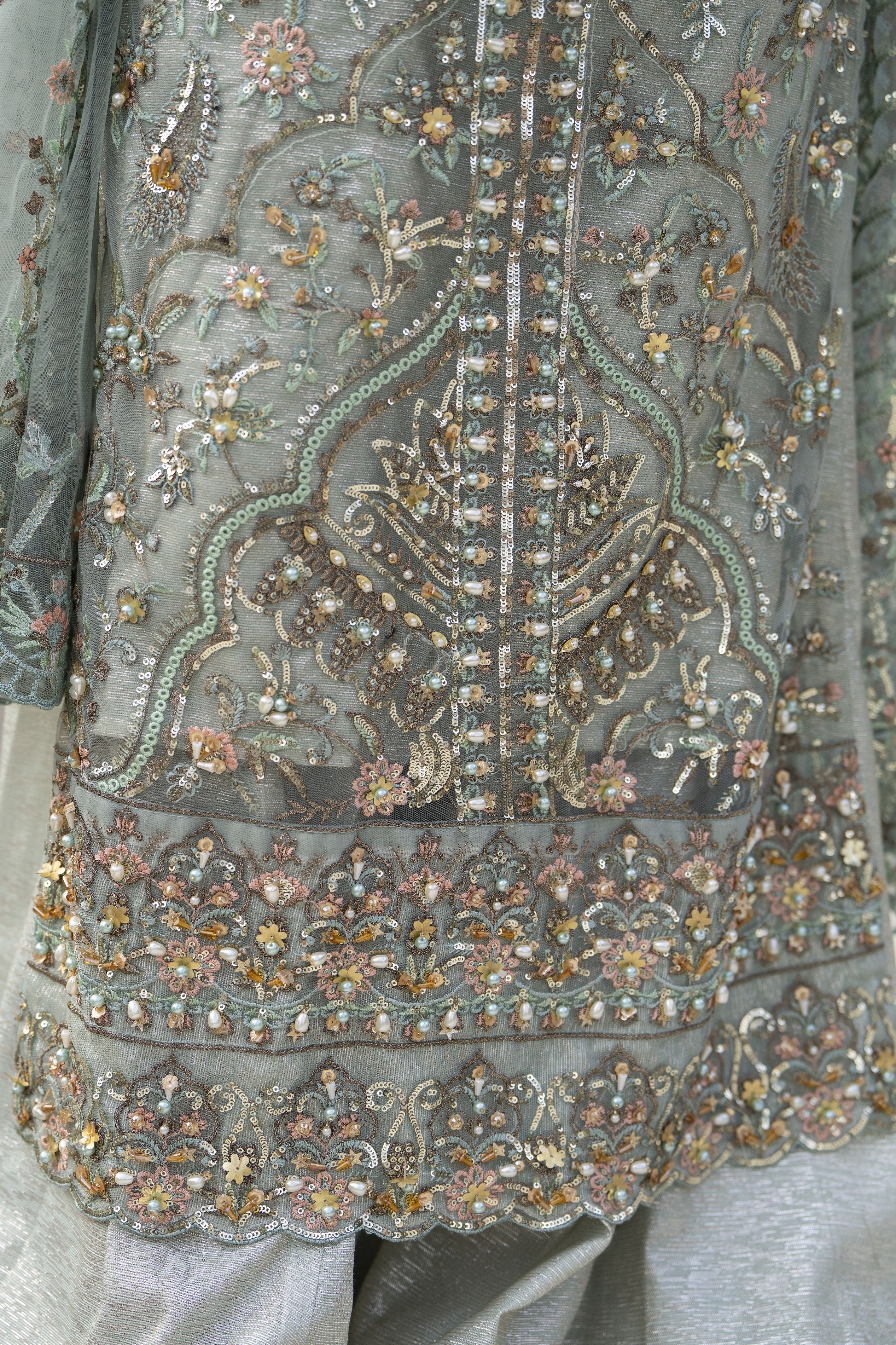 Zaiwaraat by Arwah – Mint Green Handworked Net Shirt with Sequin Sharara – ZWR14