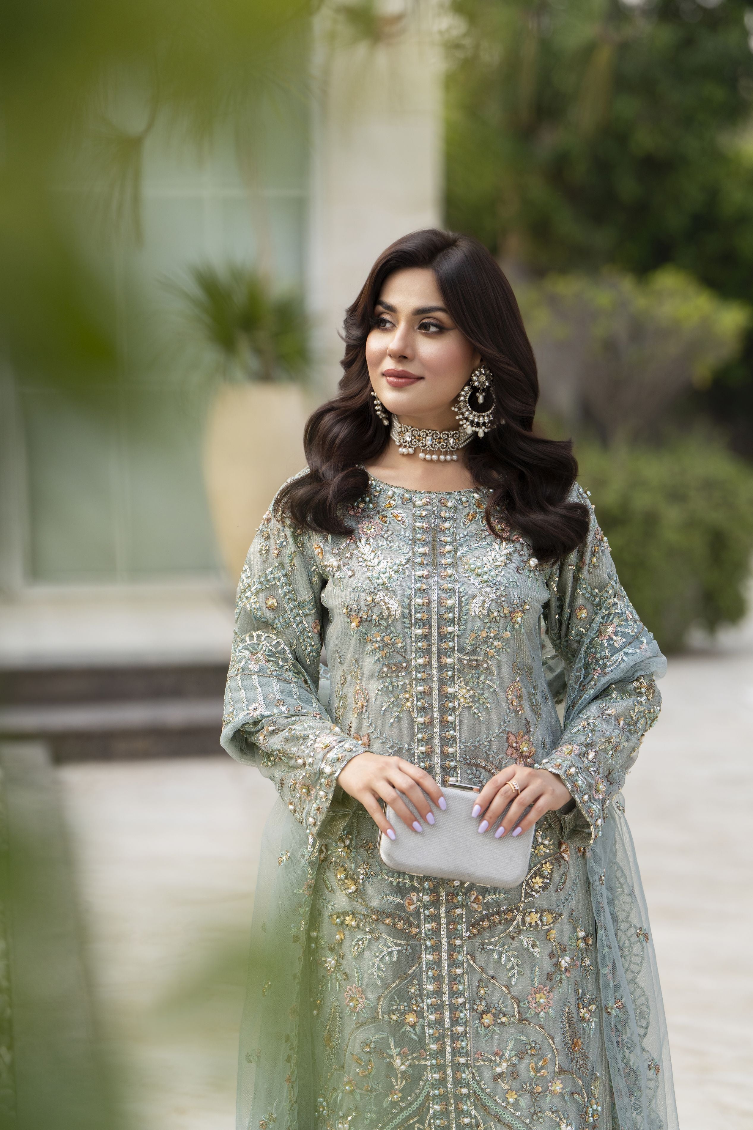 Zaiwaraat by Arwah – Mint Green Handworked Net Shirt with Sequin Sharara – ZWR14