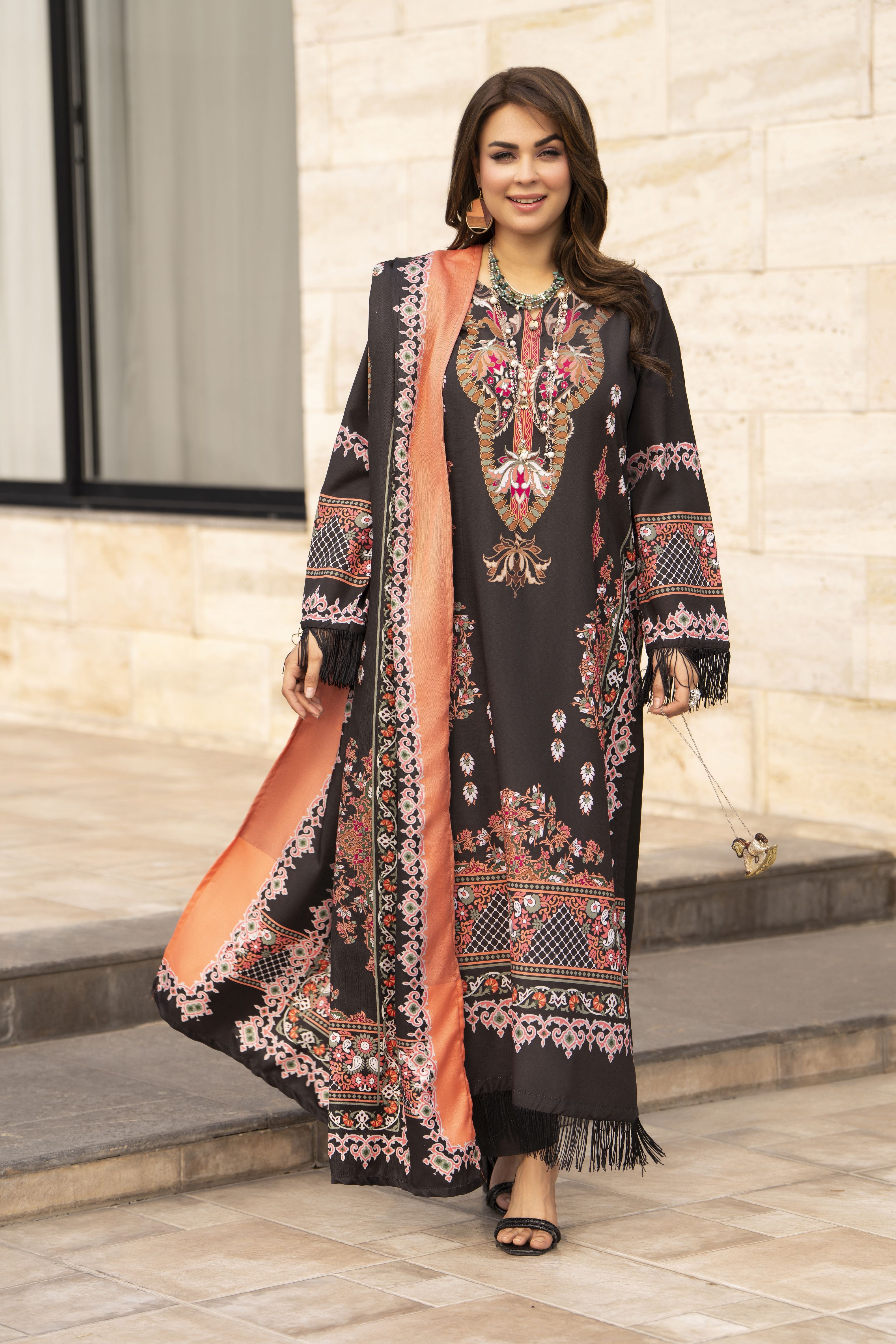 NBH8 Naqsh by Hemline Poly Grip 3PC A-Line Suit with Herringbone Dupatta