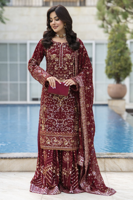 Raabtaa – A Silver Affair | Maroon Chiffon Handworked Formal Sharara womenswear Set SRS08