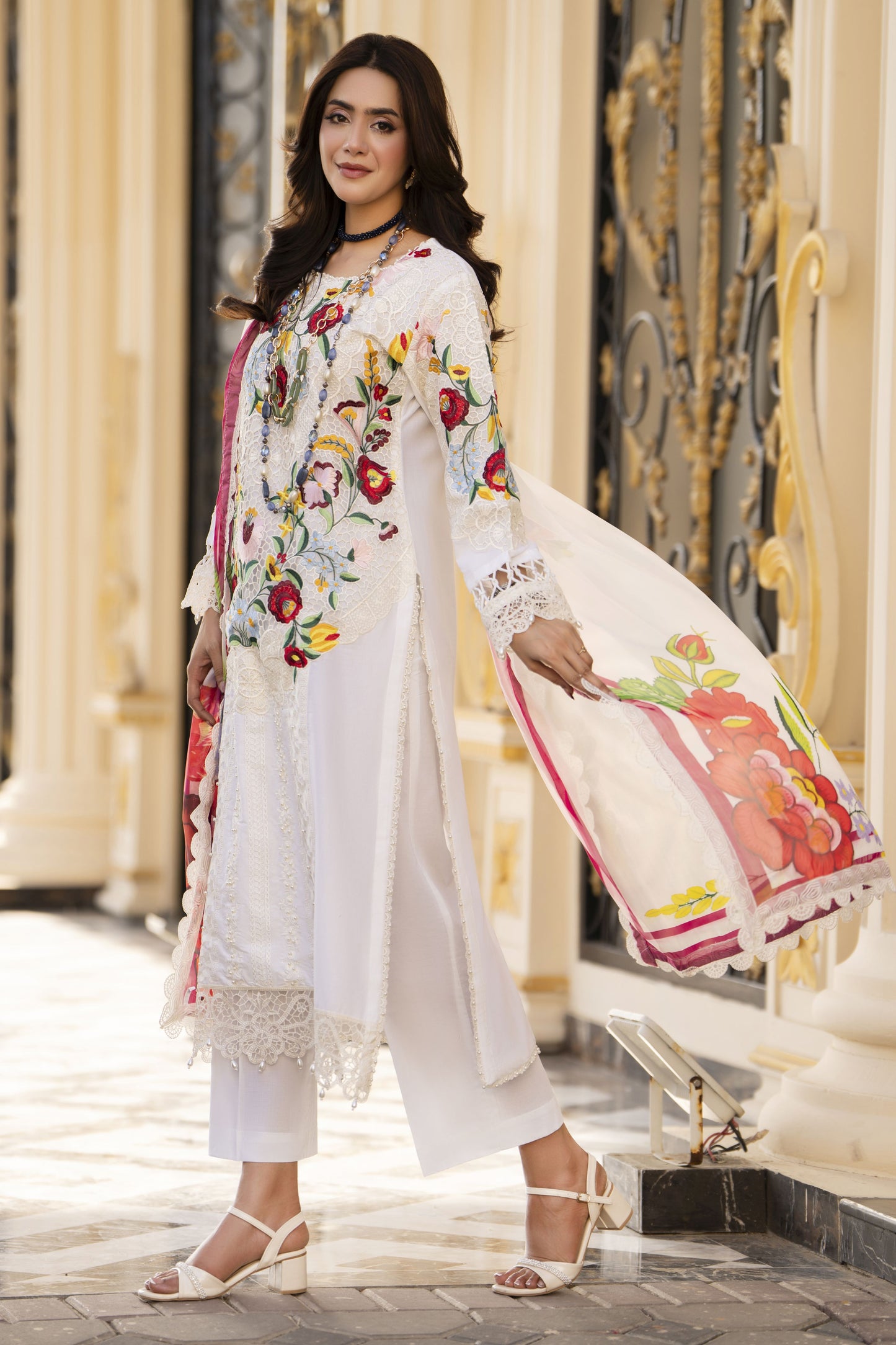 Arwah Aureen AA1 3pc Cutwork Embroidered Cotton Suit with Silk Dupatta