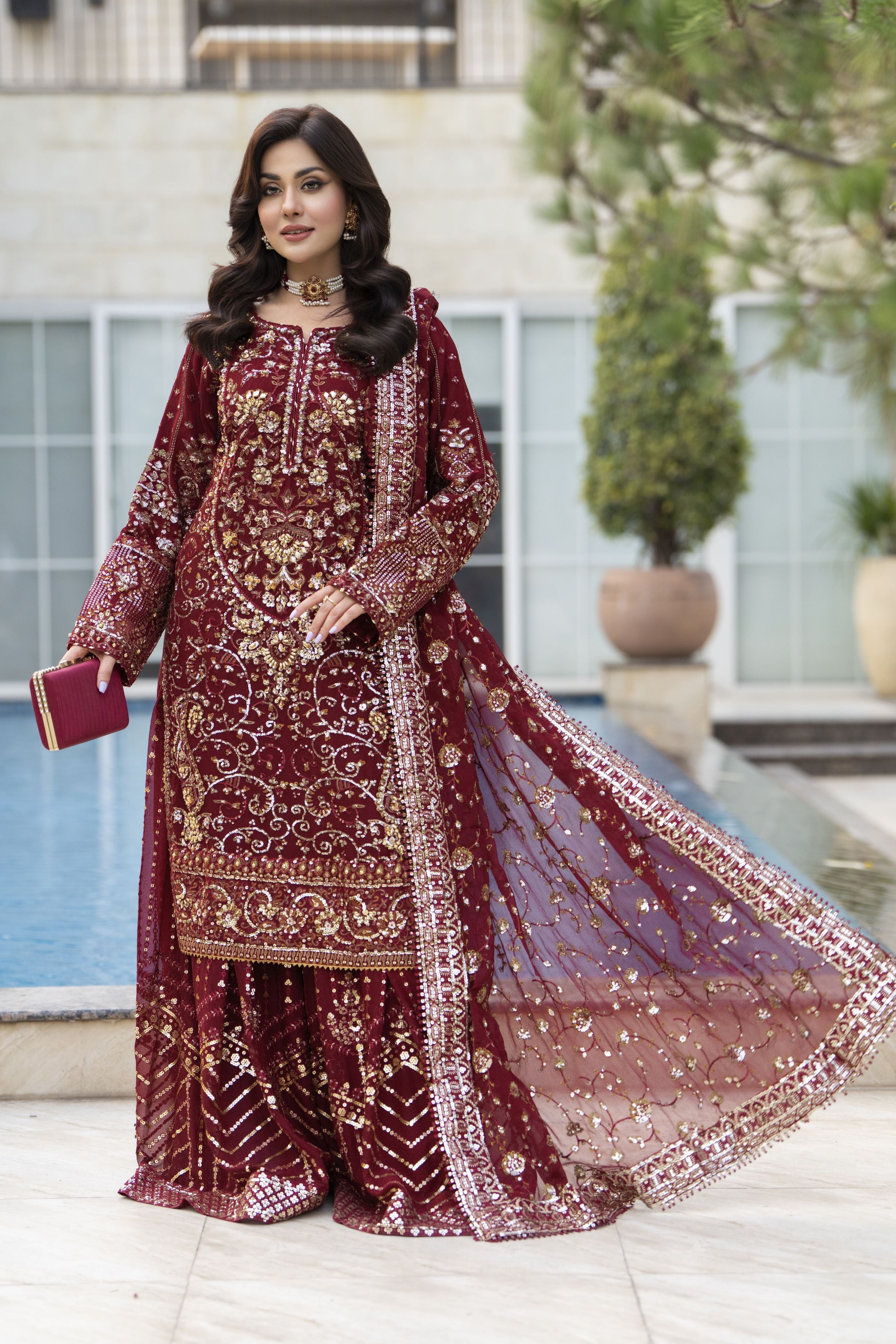 Raabtaa – A Silver Affair | Maroon Chiffon Handworked Formal Sharara womenswear Set SRS08