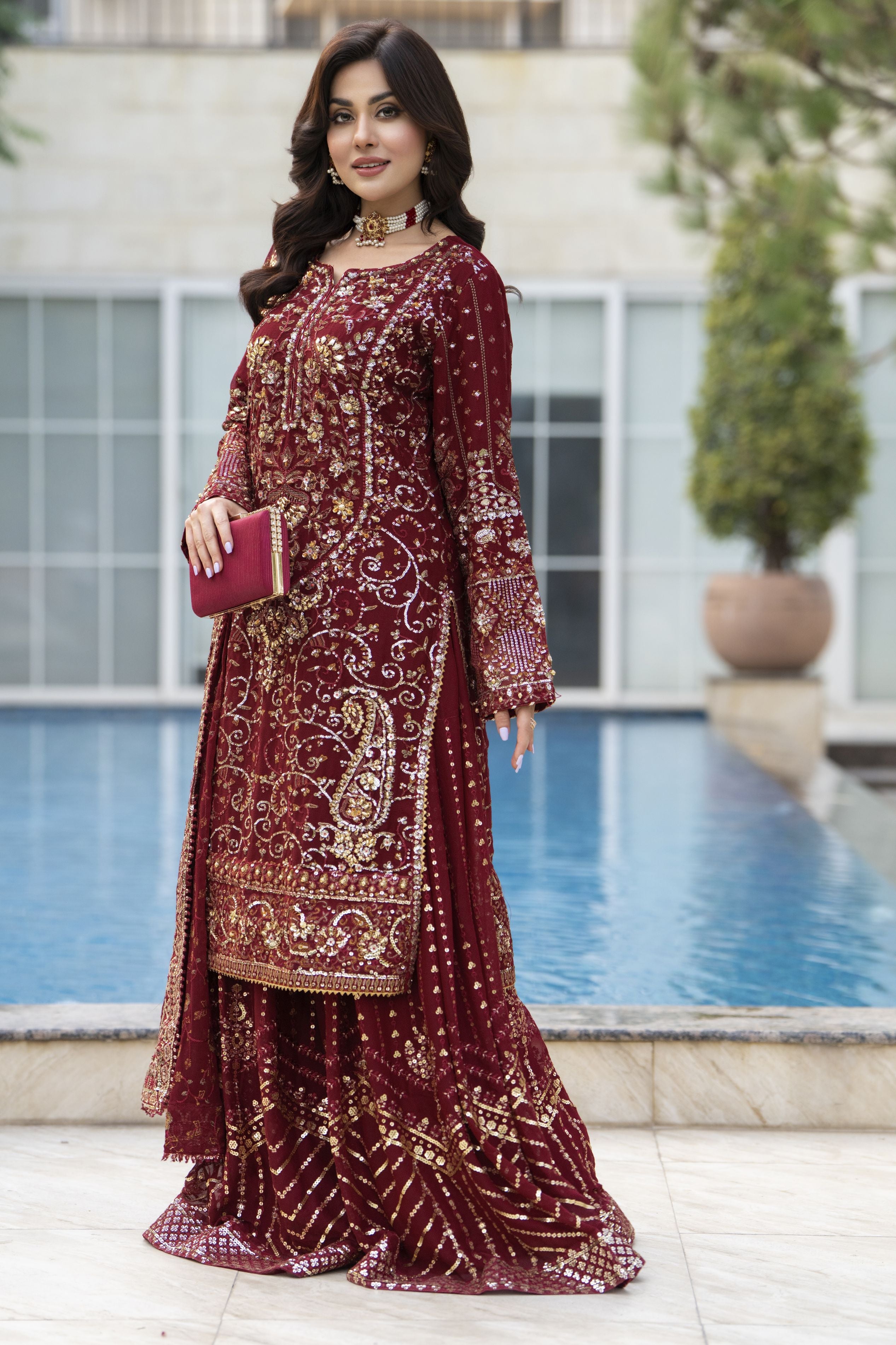 Raabtaa – A Silver Affair | Maroon Chiffon Handworked Formal Sharara womenswear Set SRS08