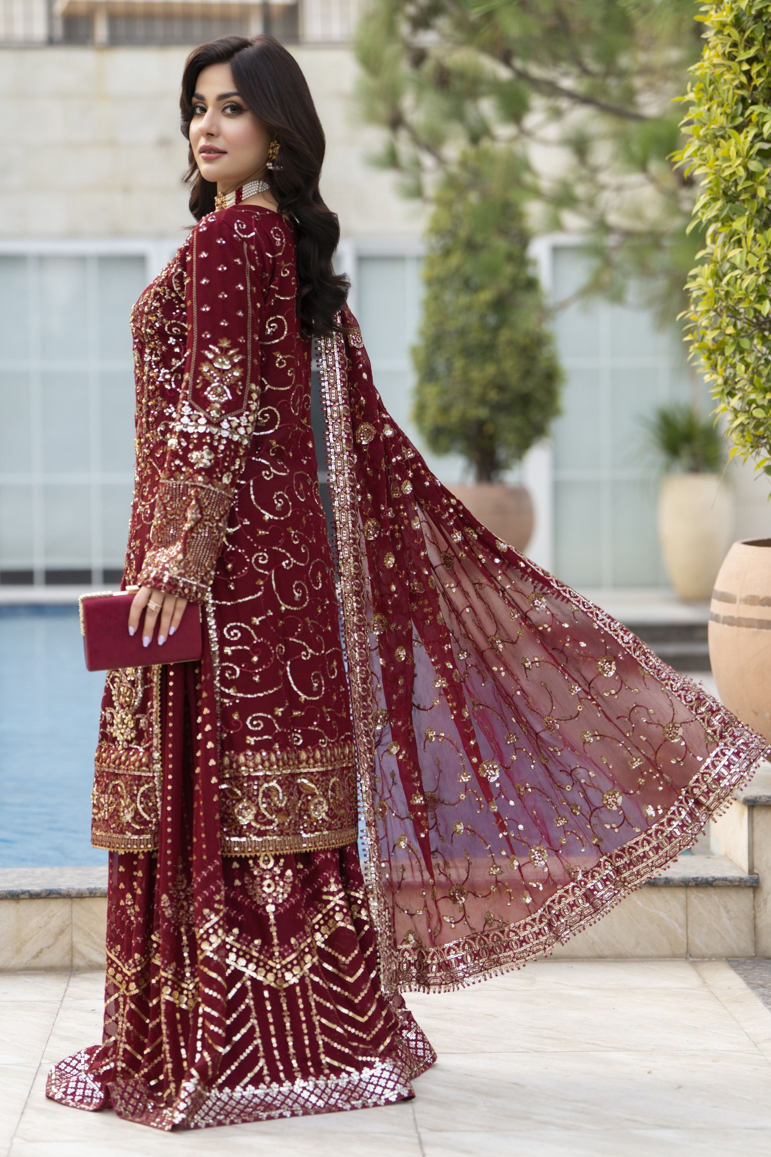 Raabtaa – A Silver Affair | Maroon Chiffon Handworked Formal Sharara womenswear Set SRS08
