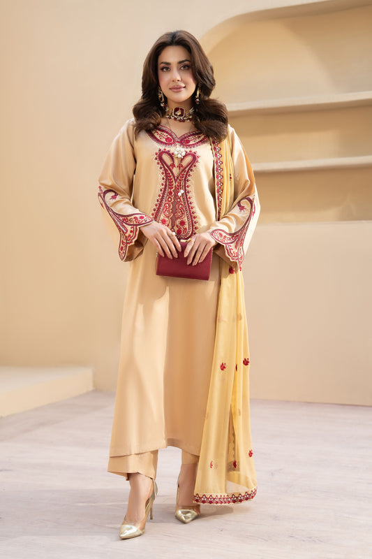 ZZ7 Zimal Zephira Beige & Crimson Embroidered 3pc Viscose Suit