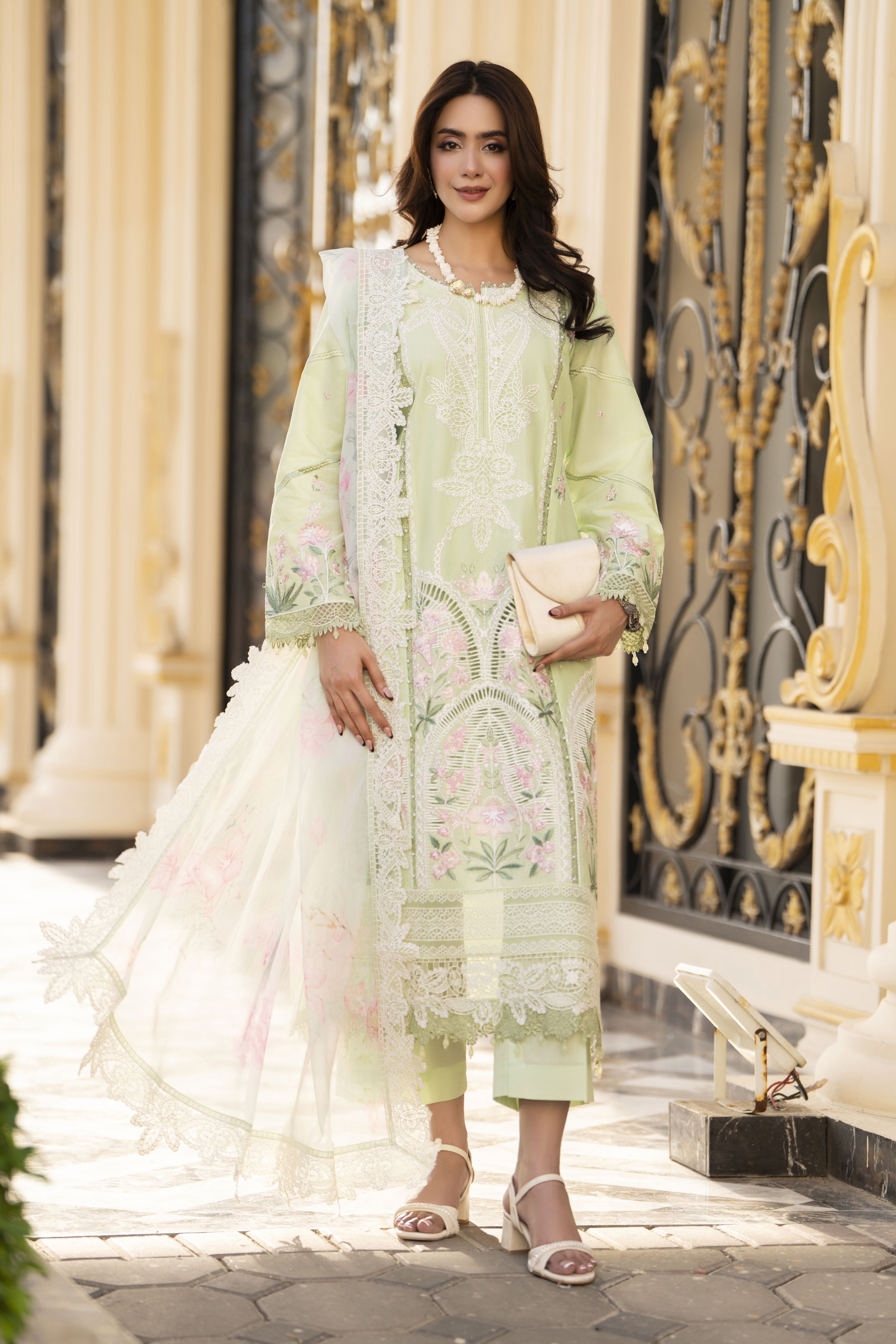 Arwah Aureen AA13 3pc Embroidered Cotton Long Suit with Printed Chiffon Dupatta