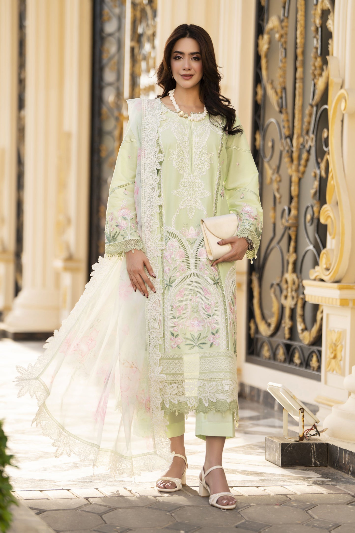 Arwah Aureen AA13 3pc Embroidered Cotton Long Suit with Printed Chiffon Dupatta
