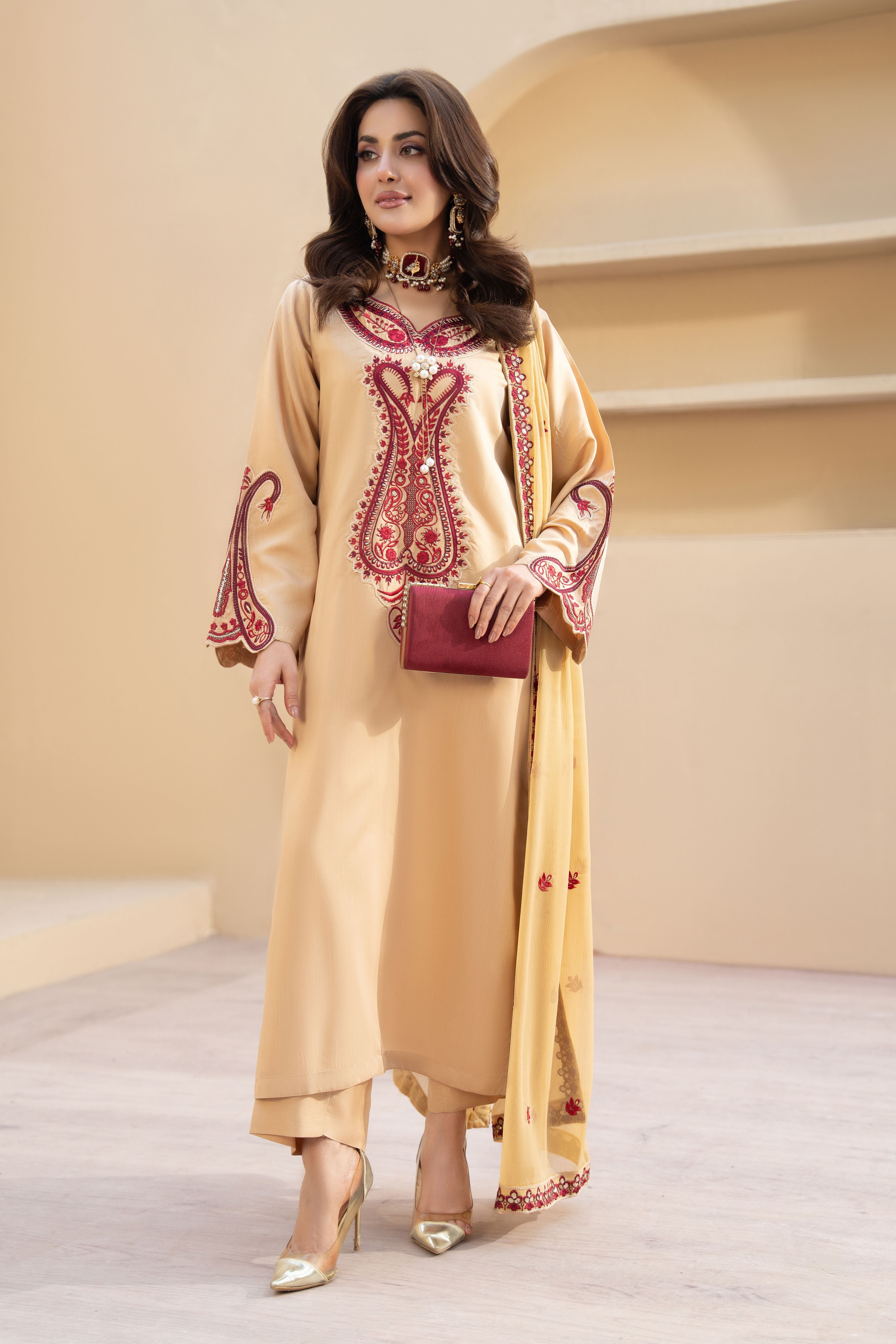 ZZ7 Zimal Zephira Beige & Crimson Embroidered 3pc Viscose Suit