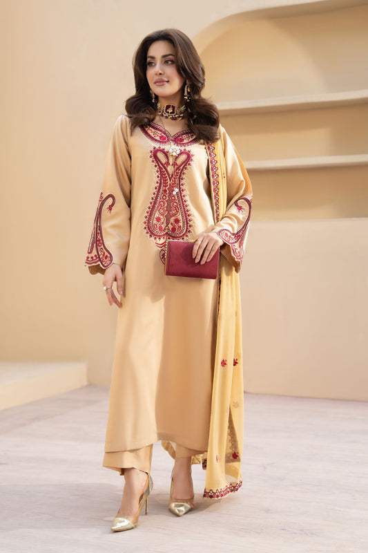 ZZ7 Zimal Zephira Beige & Crimson Embroidered 3pc Viscose Suit